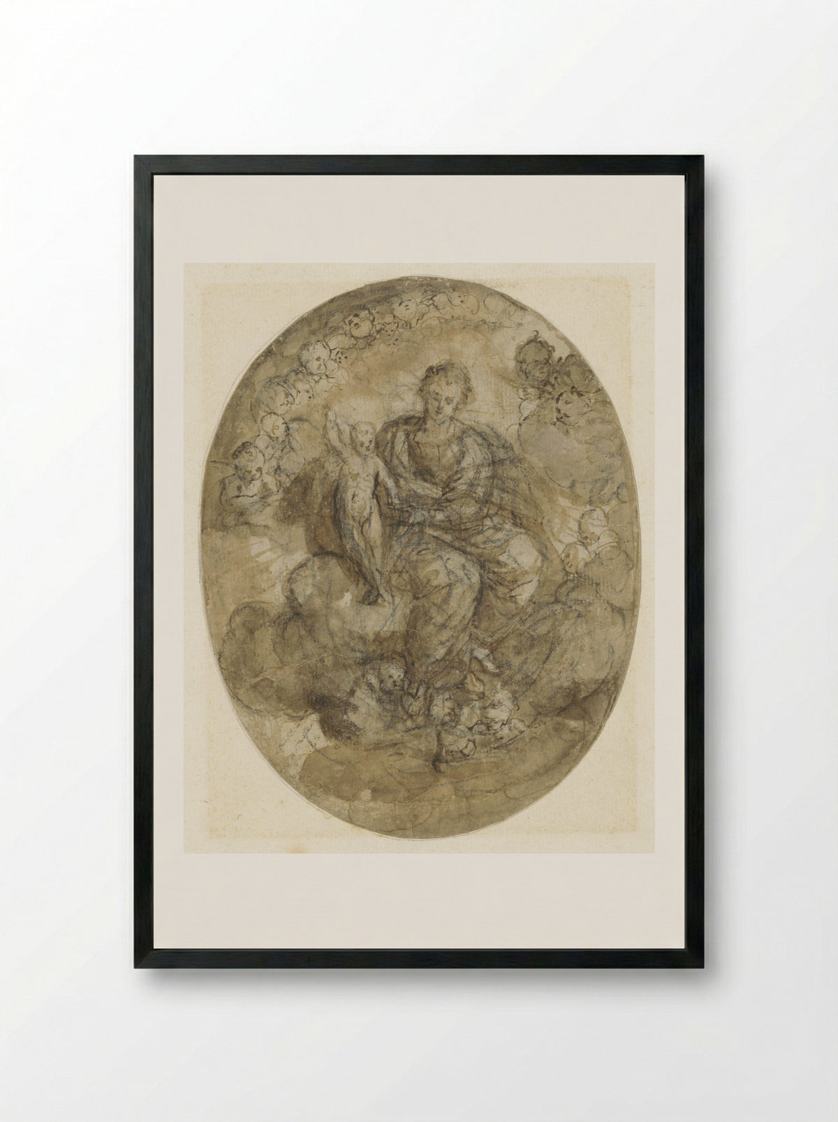 Madonna and Child with Angels on Clouds - Jerónimo Jacinto Espinosa - Framed Print Black