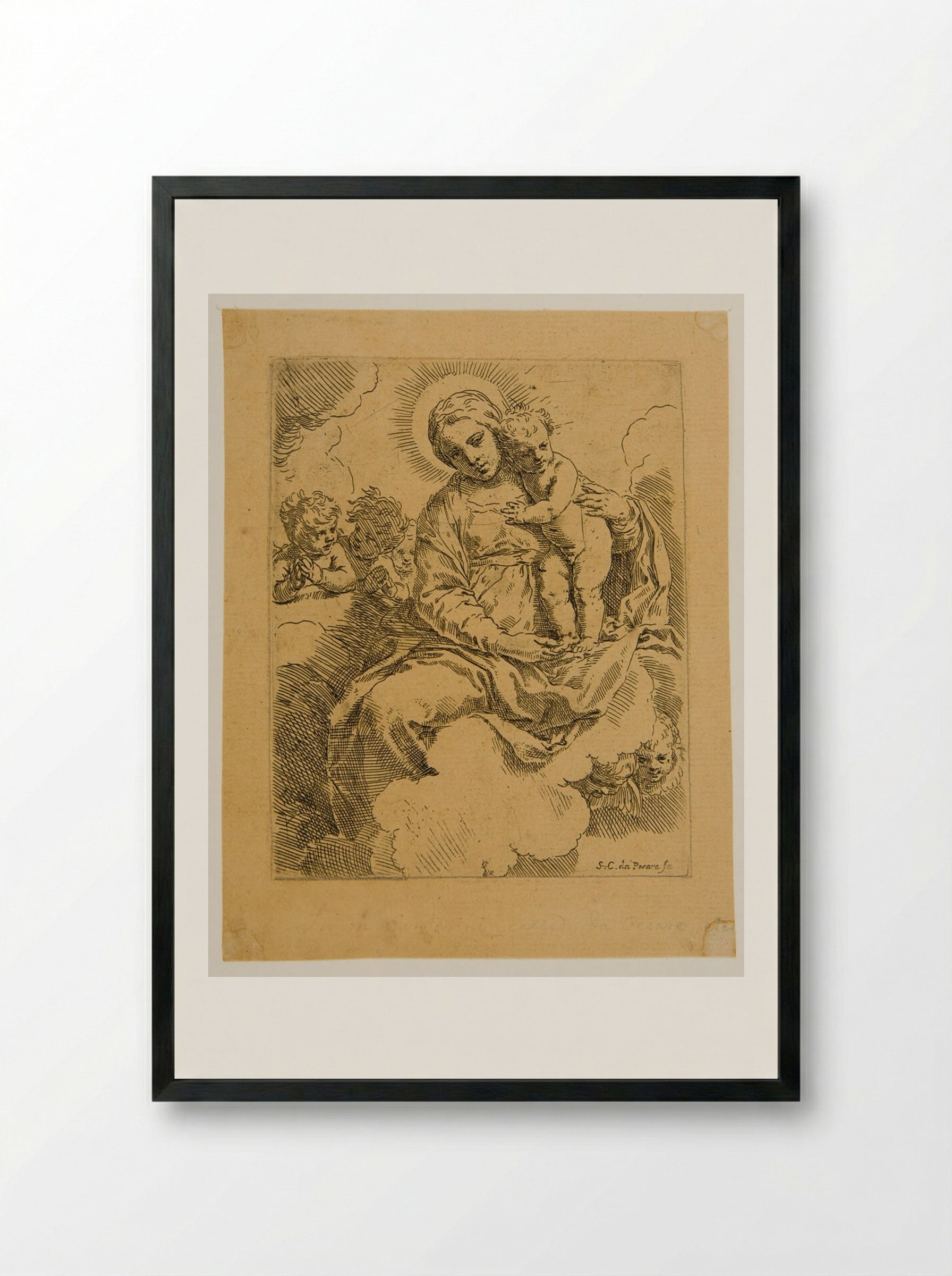 Madonna and Child with Cherubs - Simone Cantarini - Framed Print Black