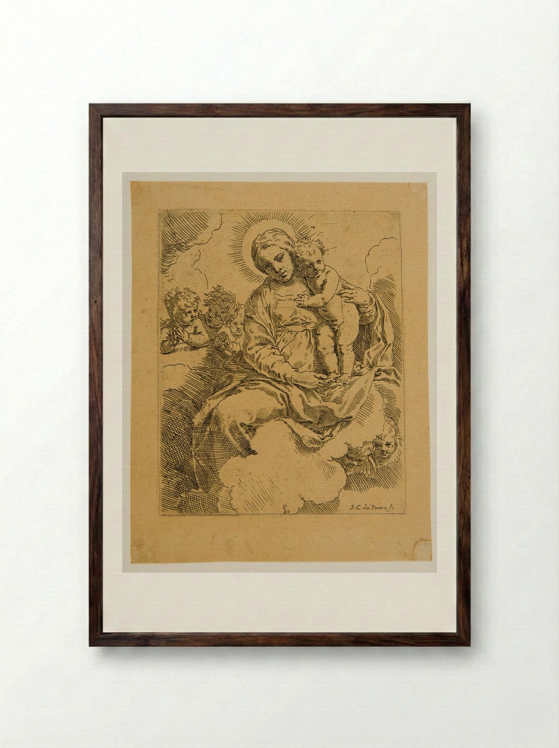 Madonna and Child with Cherubs - Simone Cantarini - Framed Print Dark Wood