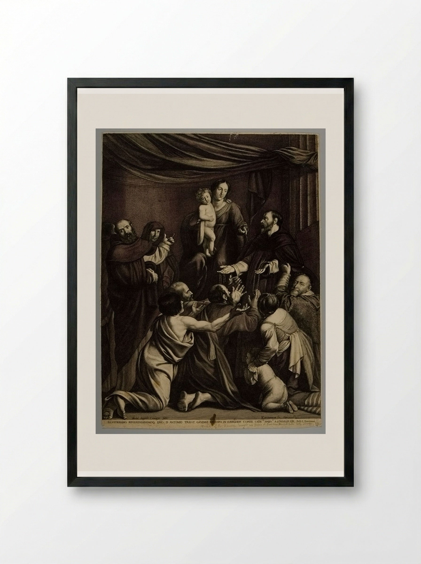 Madonna and Child, with Saint Dominic Distributing Rosaries - Lucas Vorsterman I - Framed Print Black