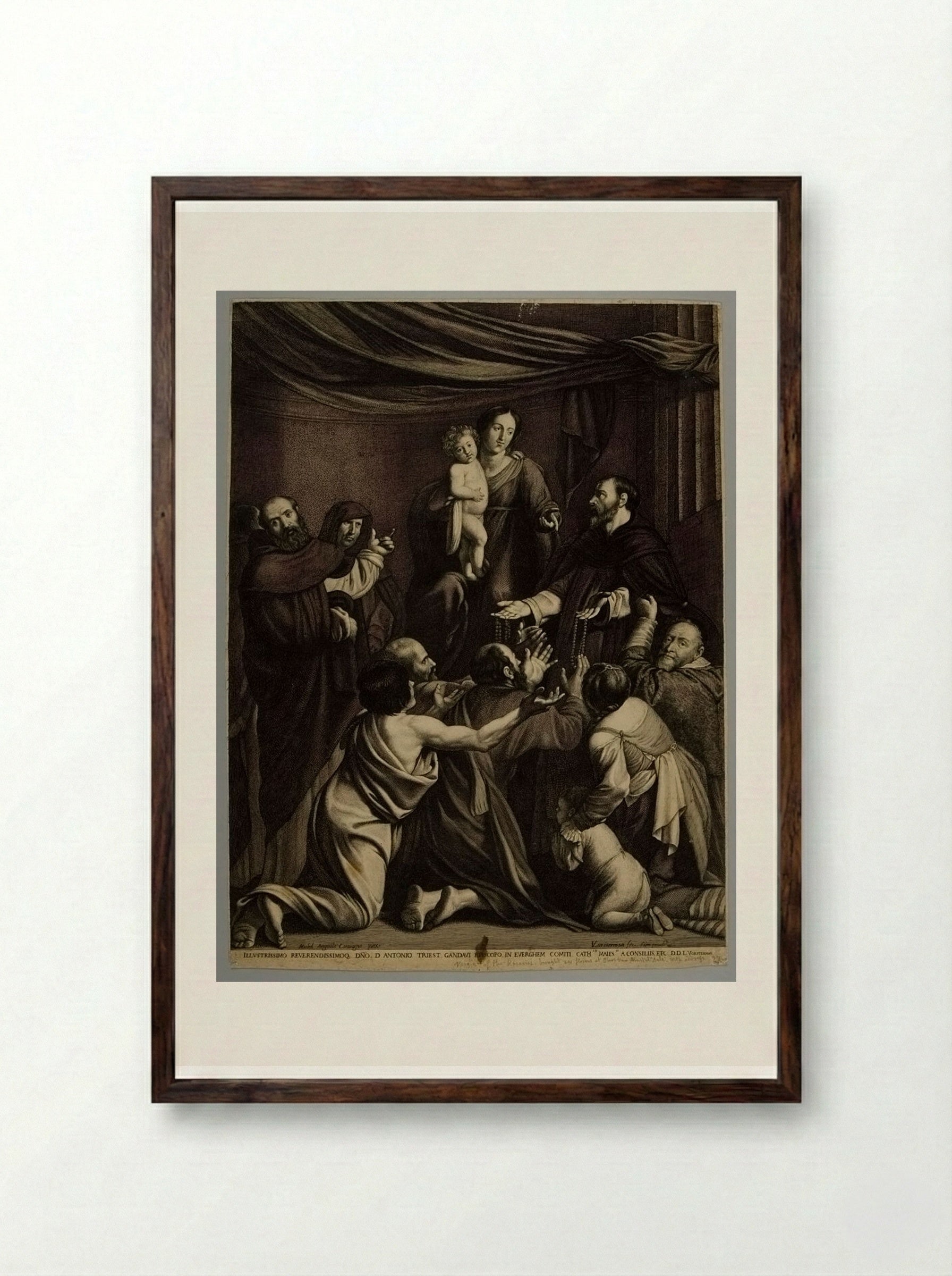 Madonna and Child, with Saint Dominic Distributing Rosaries - Lucas Vorsterman I - Framed Print Dark Wood
