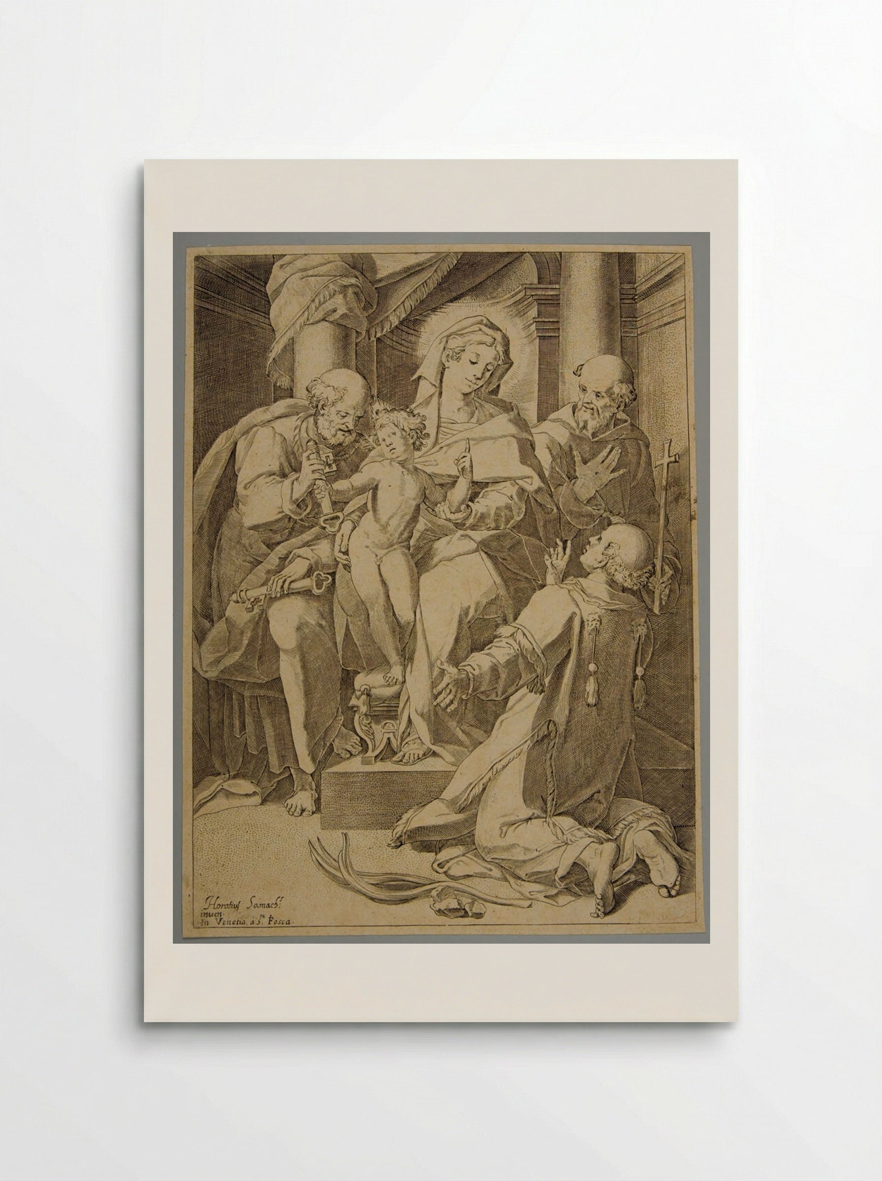 Madonna and Child with Saint Peter, Saint Francis, and Saint Stephen - Agostino Carracci - Poster