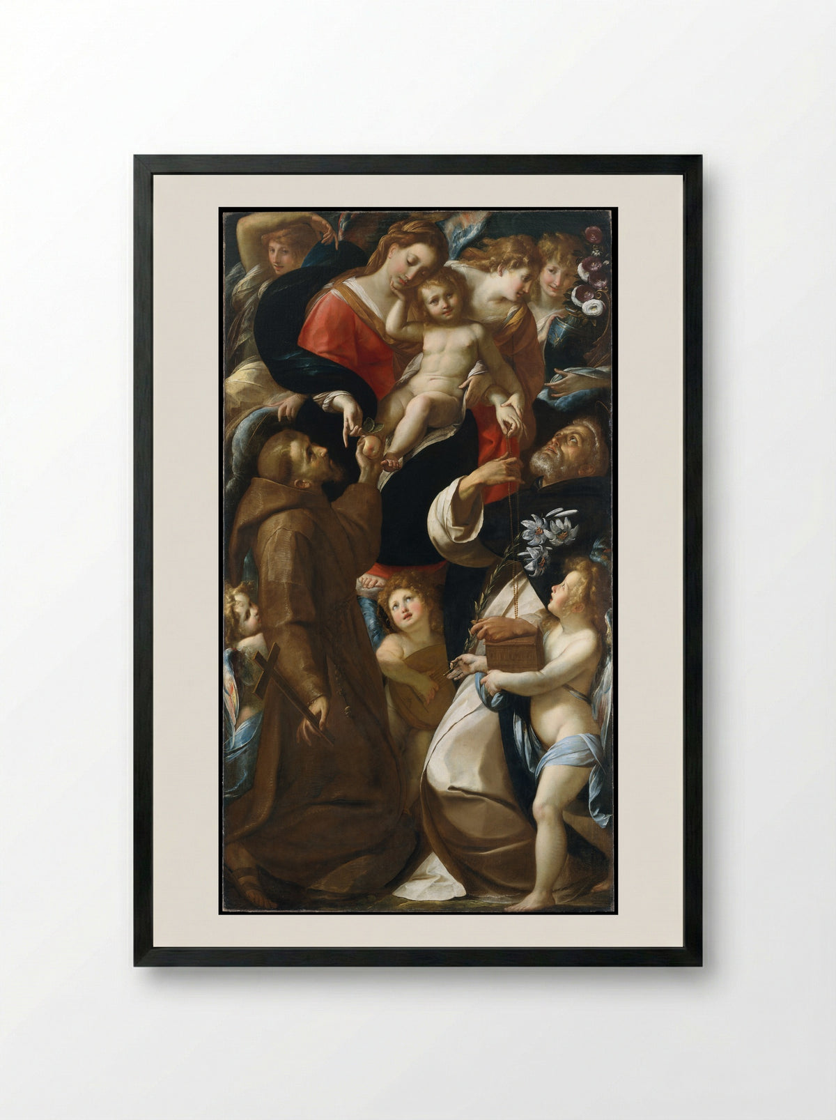 Madonna and Child with Saints Francis and Dominic and Angels - Giulio Cesare Procaccini - Framed Print Black
