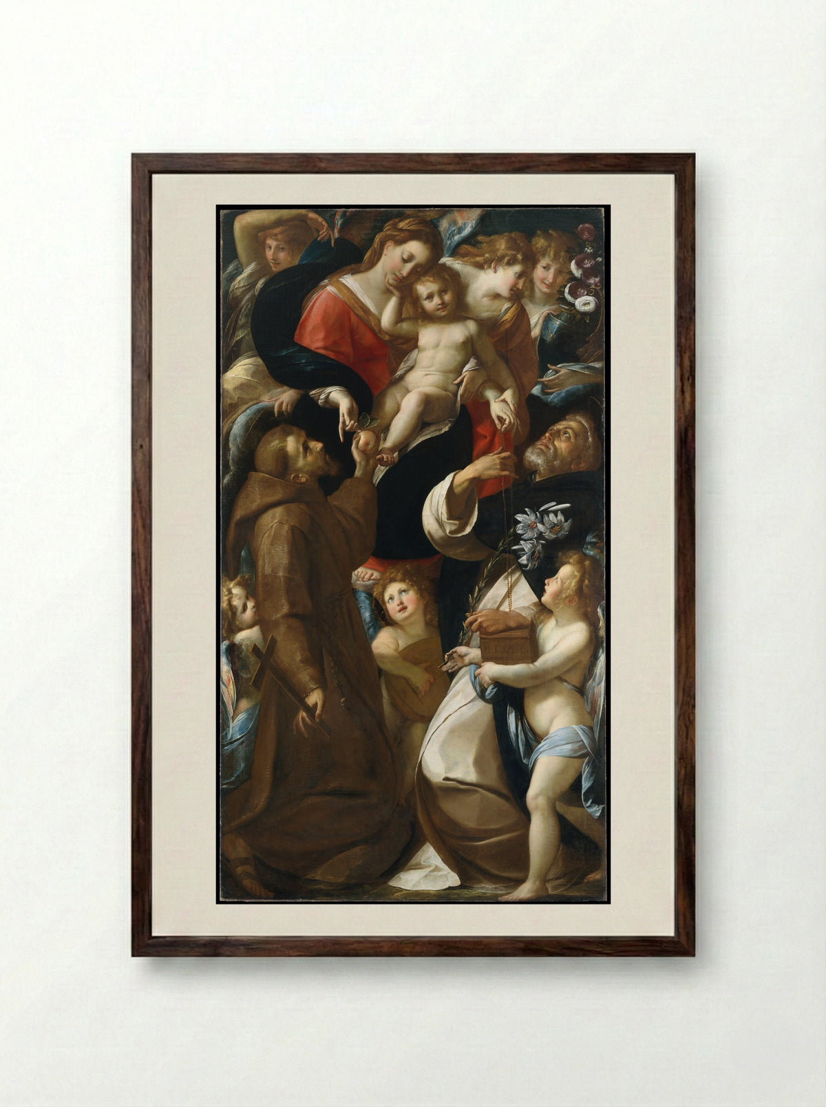 Madonna and Child with Saints Francis and Dominic and Angels - Giulio Cesare Procaccini - Framed Print Dark Wood