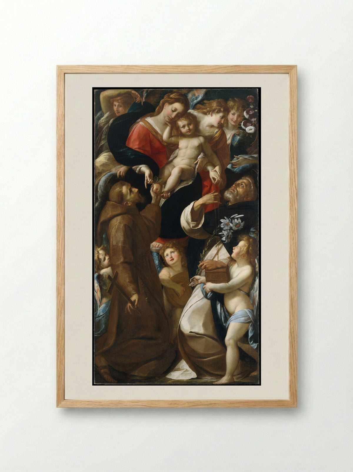 Madonna and Child with Saints Francis and Dominic and Angels - Giulio Cesare Procaccini - Framed Print Wood