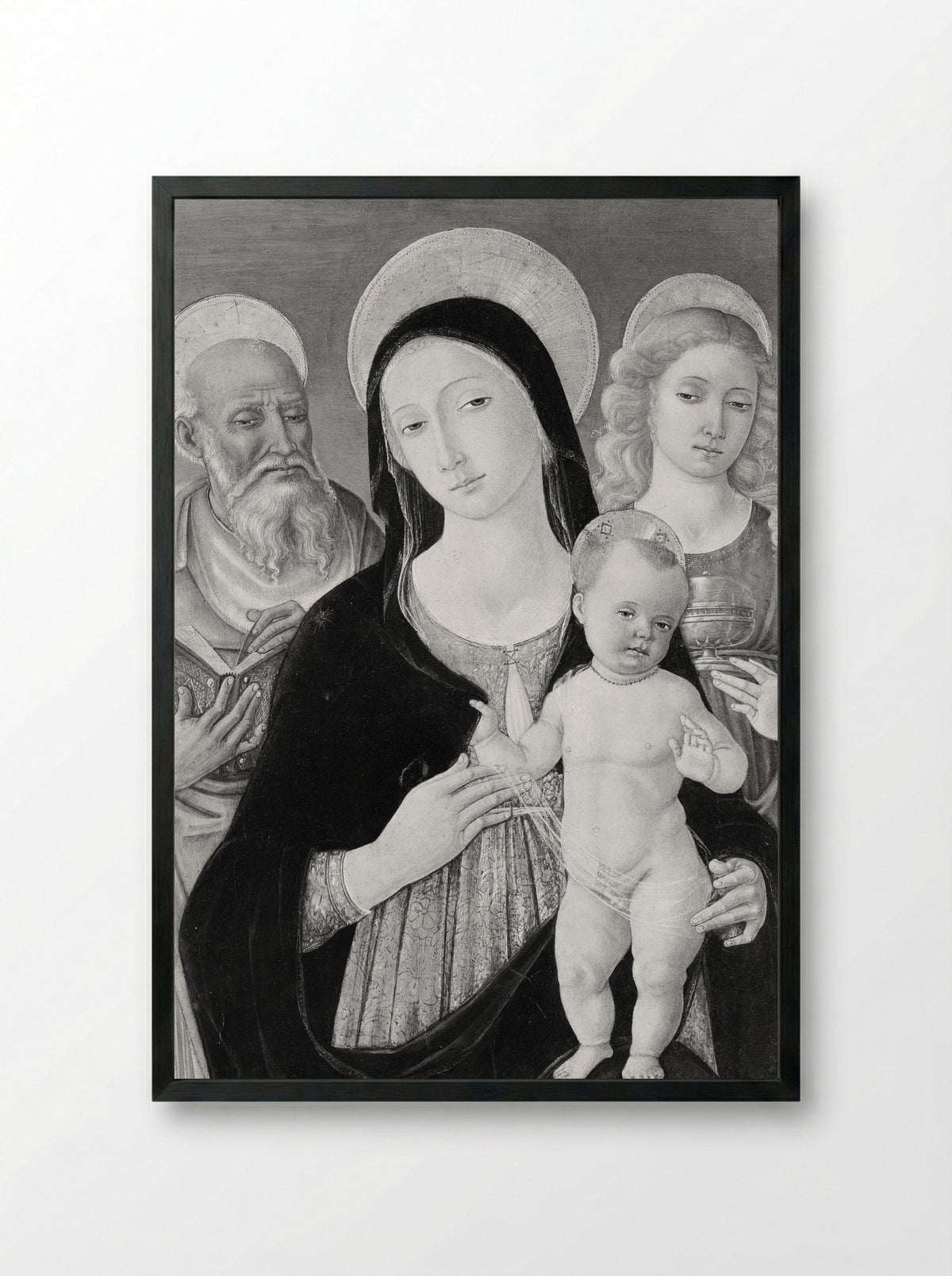 Madonna and Child with Saints Jerome and Mary Magdalen - Matteo di Giovanni di Bartolo - Framed Print Black