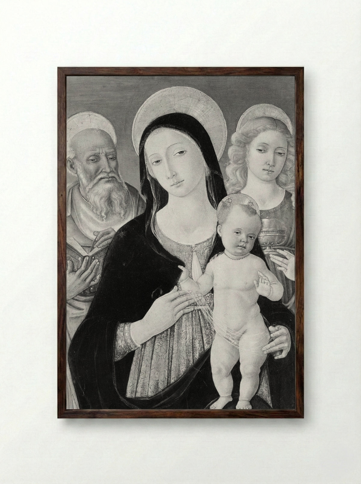 Madonna and Child with Saints Jerome and Mary Magdalen - Matteo di Giovanni di Bartolo - Framed Print Dark Wood