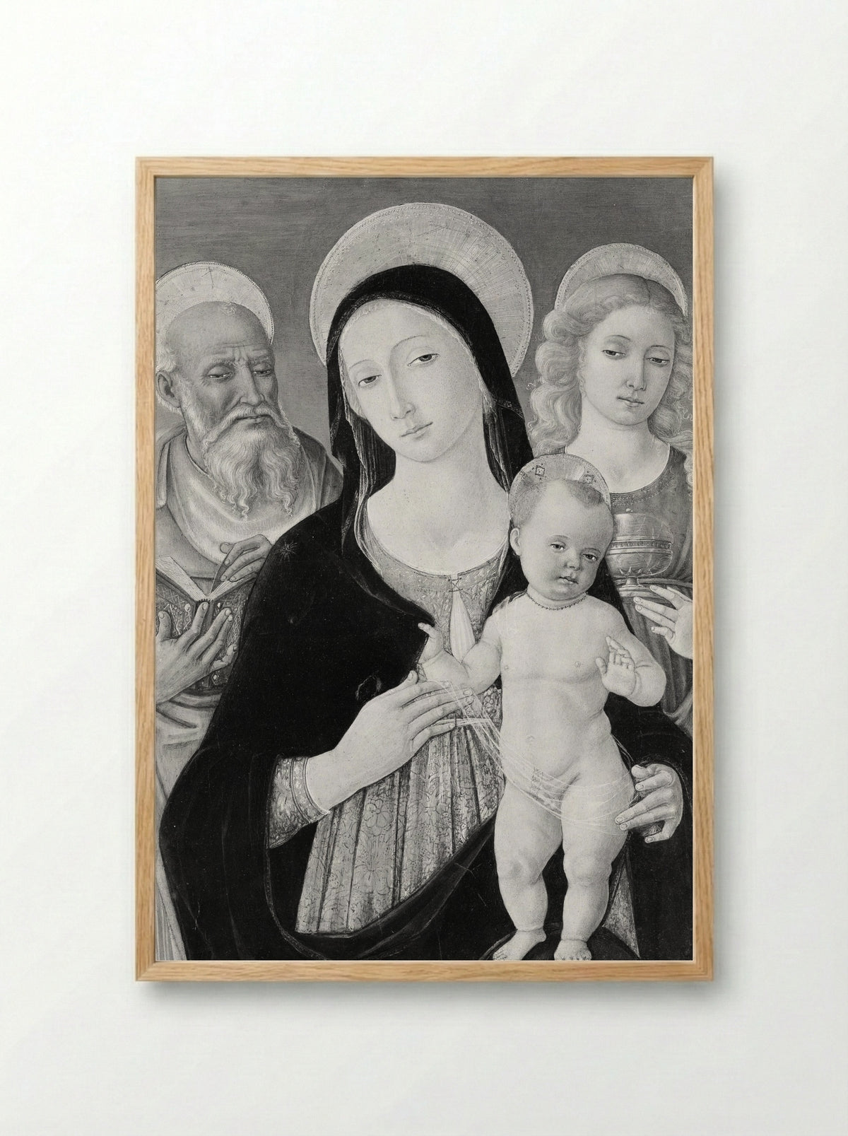 Madonna and Child with Saints Jerome and Mary Magdalen - Matteo di Giovanni di Bartolo - Framed Print Wood