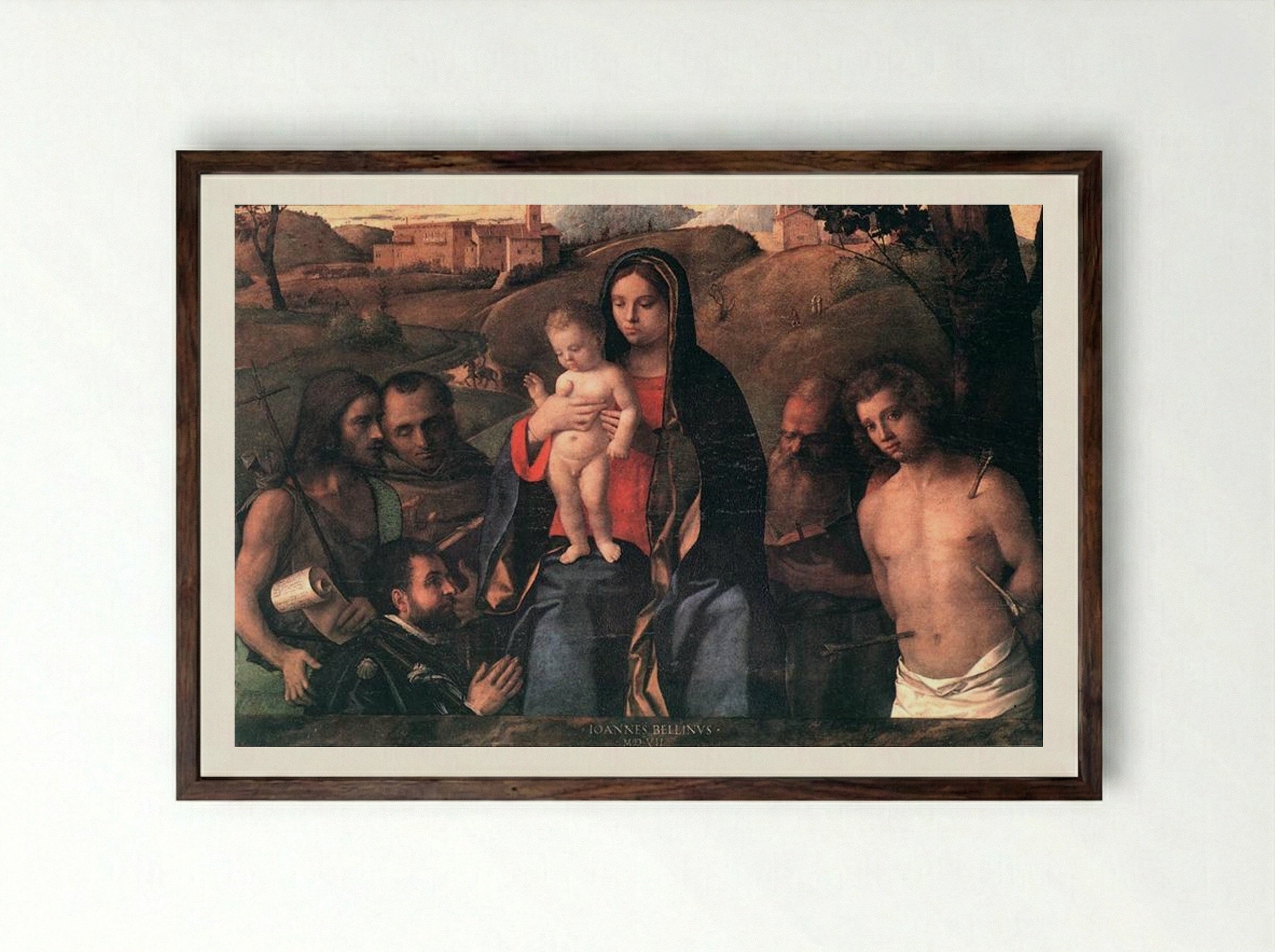 Madonna and Child with Saints and a Donor - Giovanni Bellini - Framed Print Dark Wood