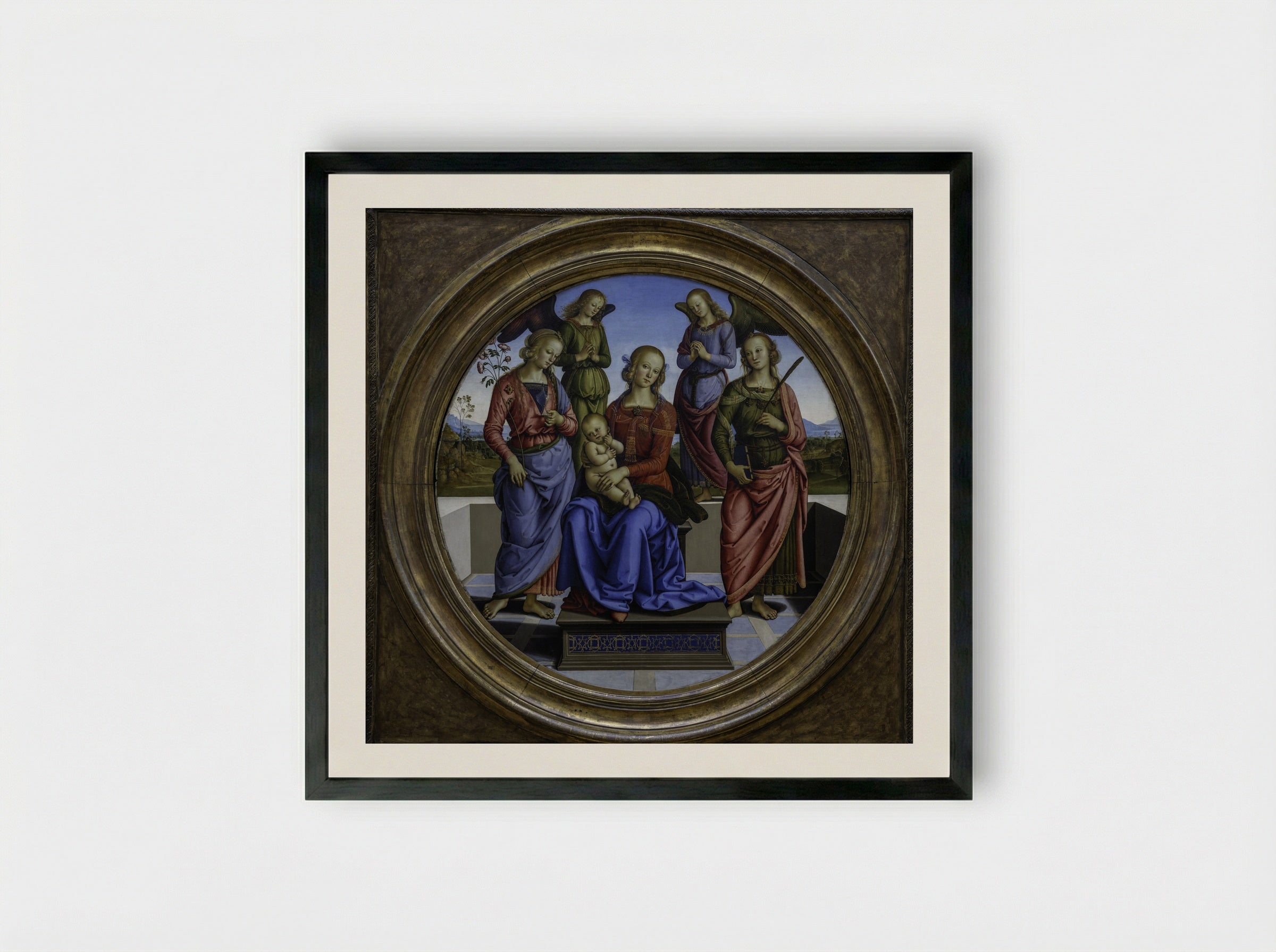 Madonna and Child with St. Catherine and St. Rosa - Pietro Perugino - Framed Print Black