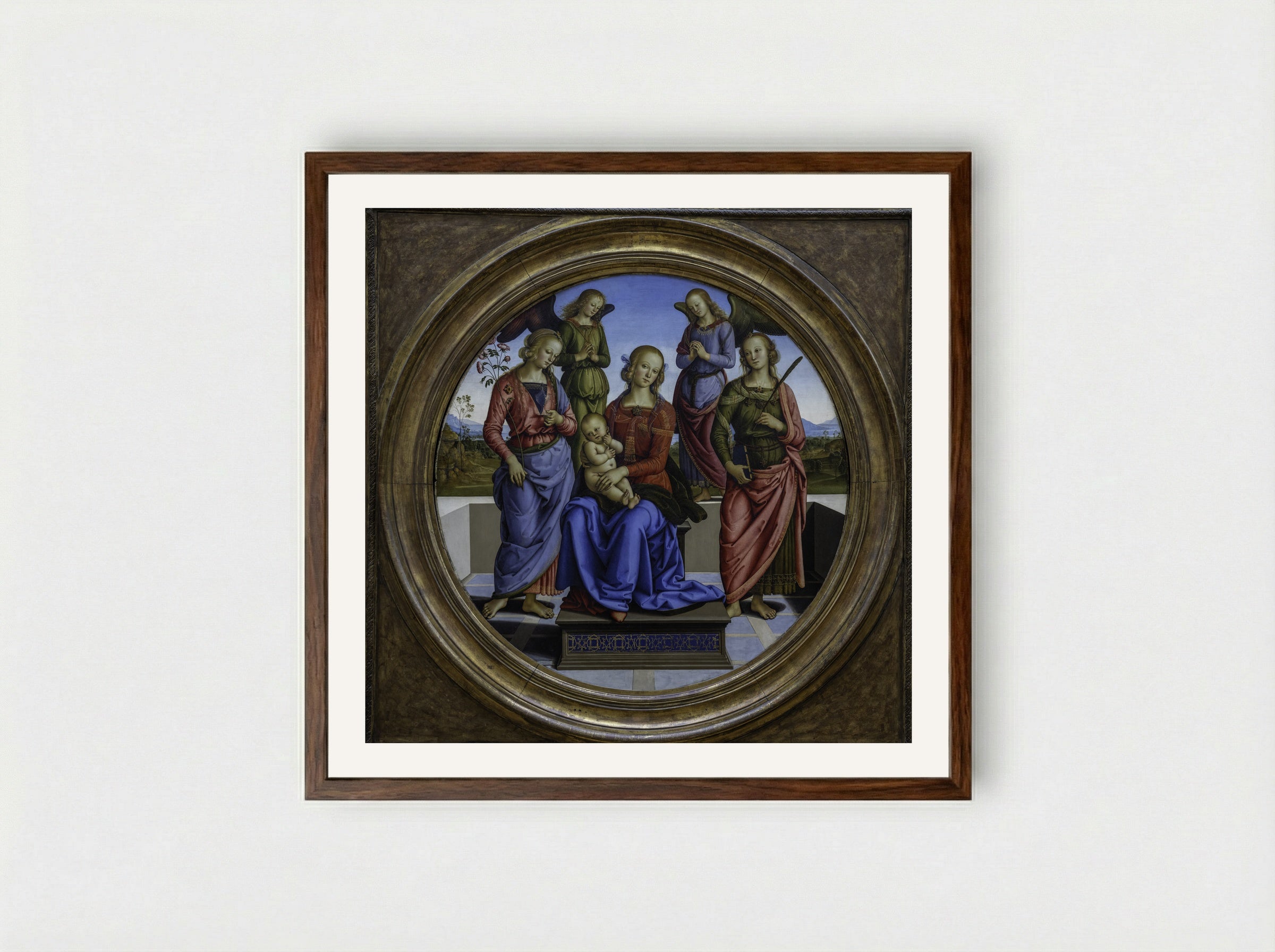 Madonna and Child with St. Catherine and St. Rosa - Pietro Perugino - Framed Print Dark Wood
