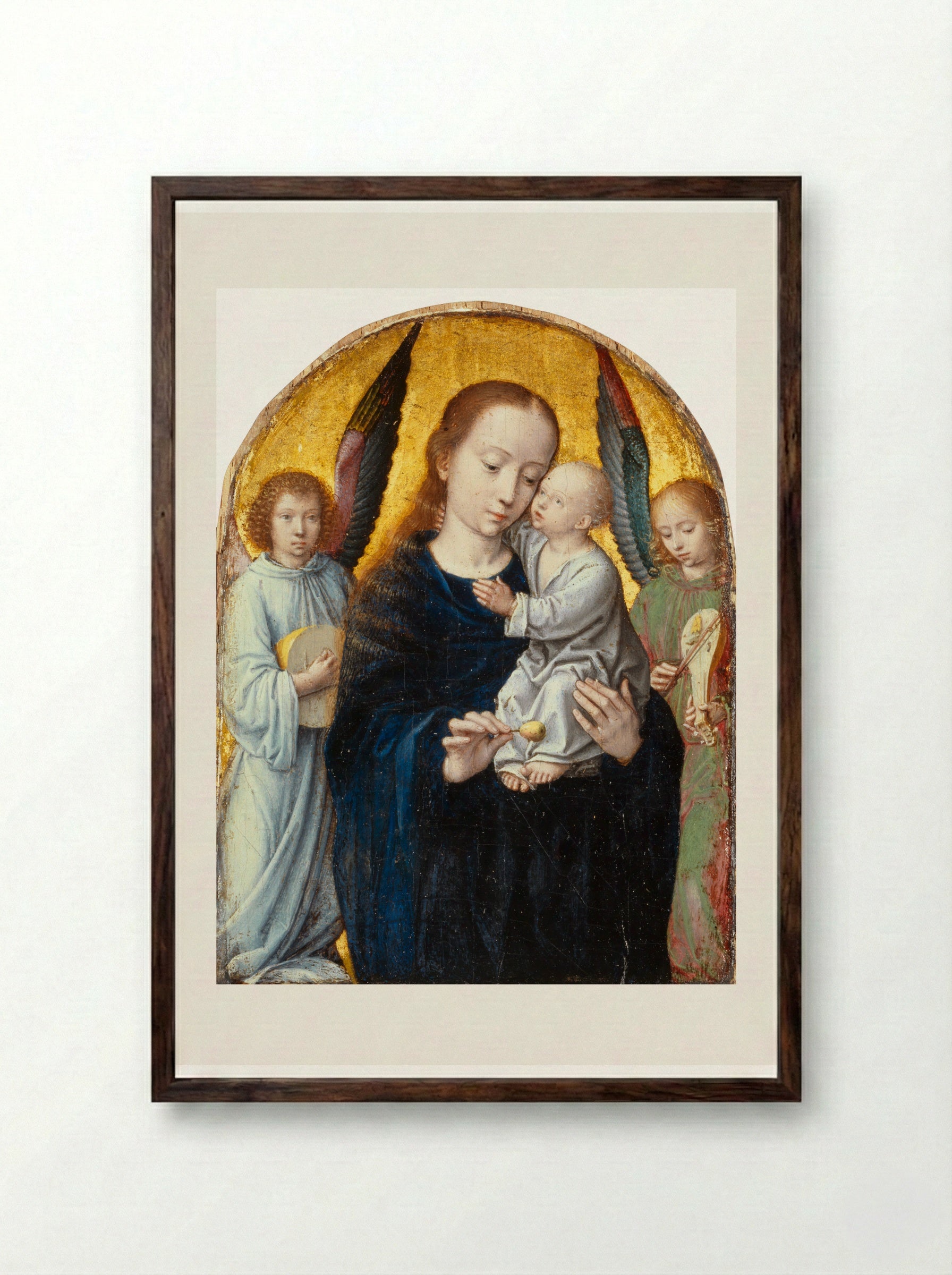 Madonna and Child with Two Music Making Angels - Gerard David - Framed Print Dark Wood