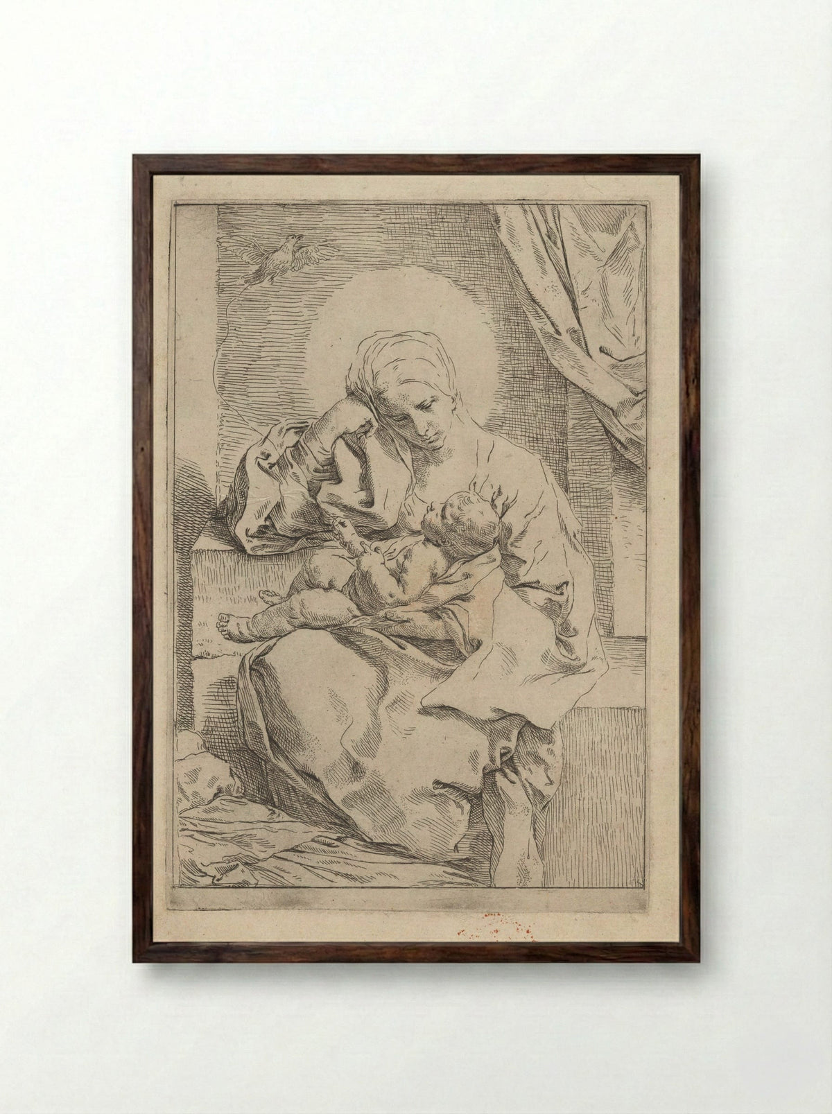 Madonna and Child with a Bird - Simone Cantarini - Framed Print Dark Wood