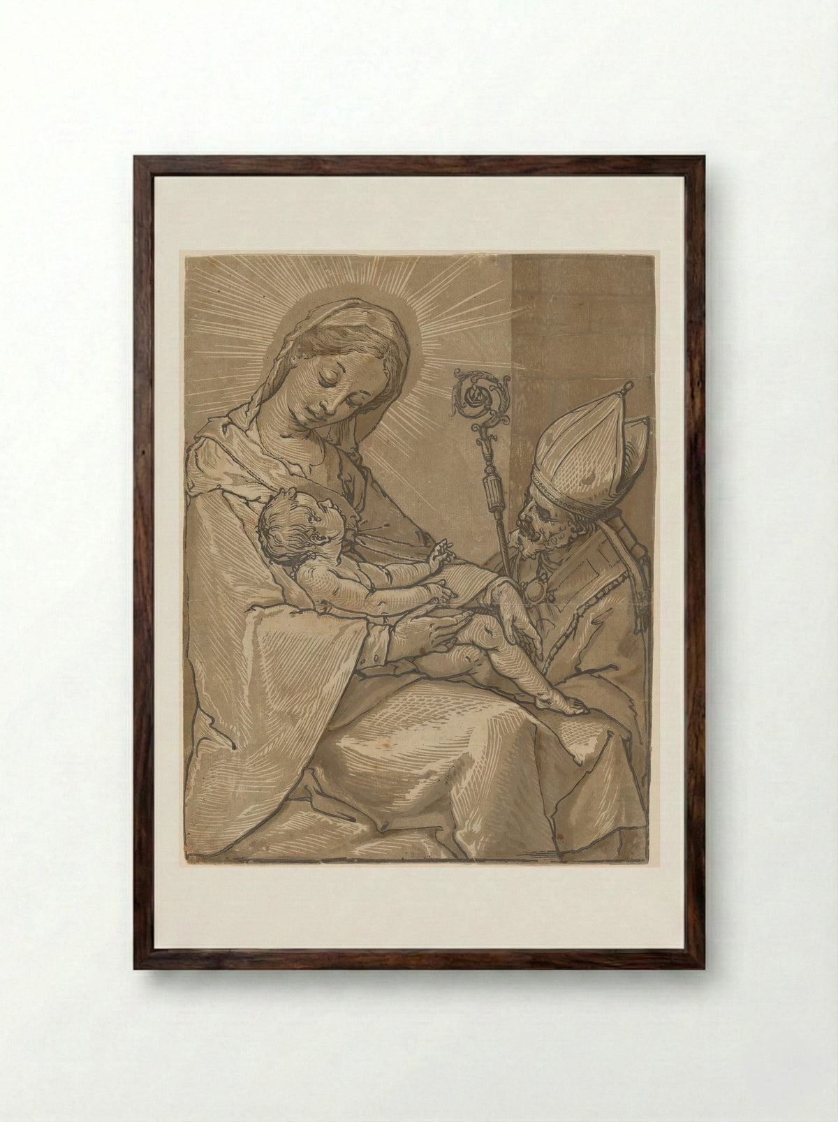 Madonna and Child with a Bishop - Andrea Andreani - Framed Print Dark Wood