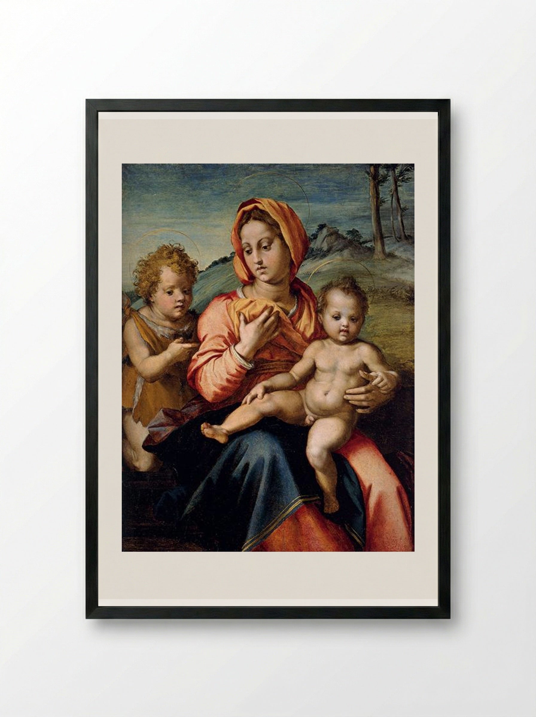 Madonna and Child with the Infant Saint John in a Landscape - Andrea del Sarto - Framed Print Black