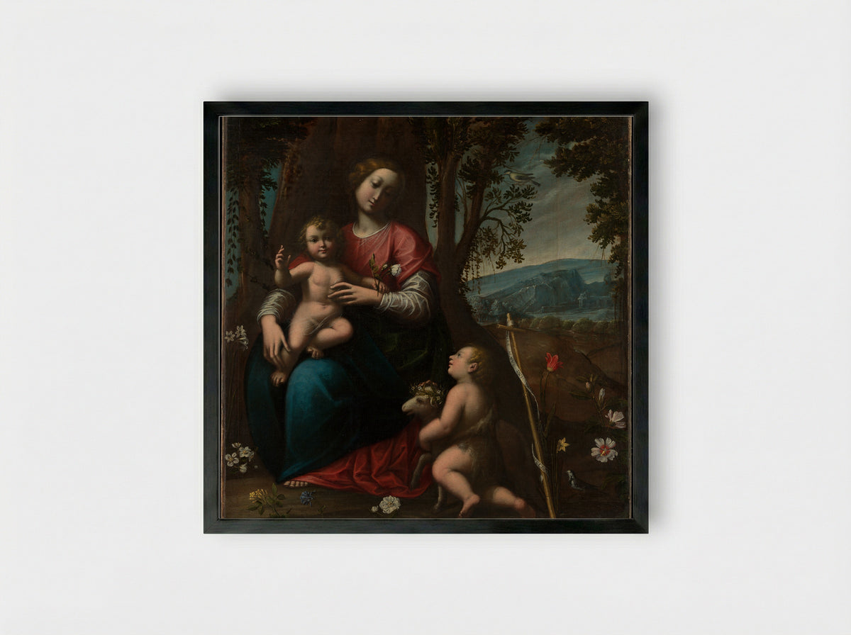 Madonna and Child with the Infant Saint John the Baptist - Orsola Maddalena Caccia - Framed Print Black