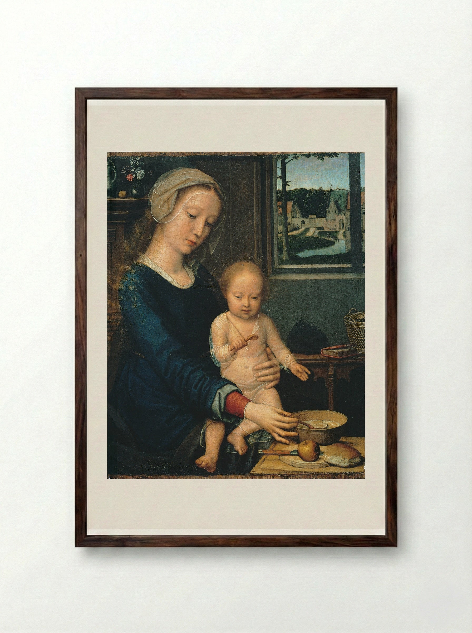 Madonna and Child with the Milk Soup - Gerard David - Framed Print Dark Wood
