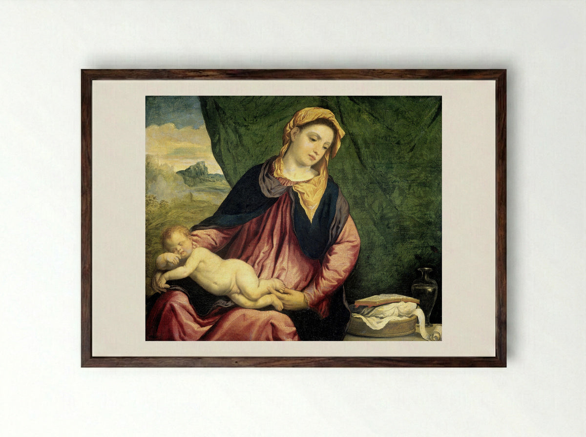 Madonna and Child with the Sleeping Infant - Paris Bordone - Framed Print Dark Wood