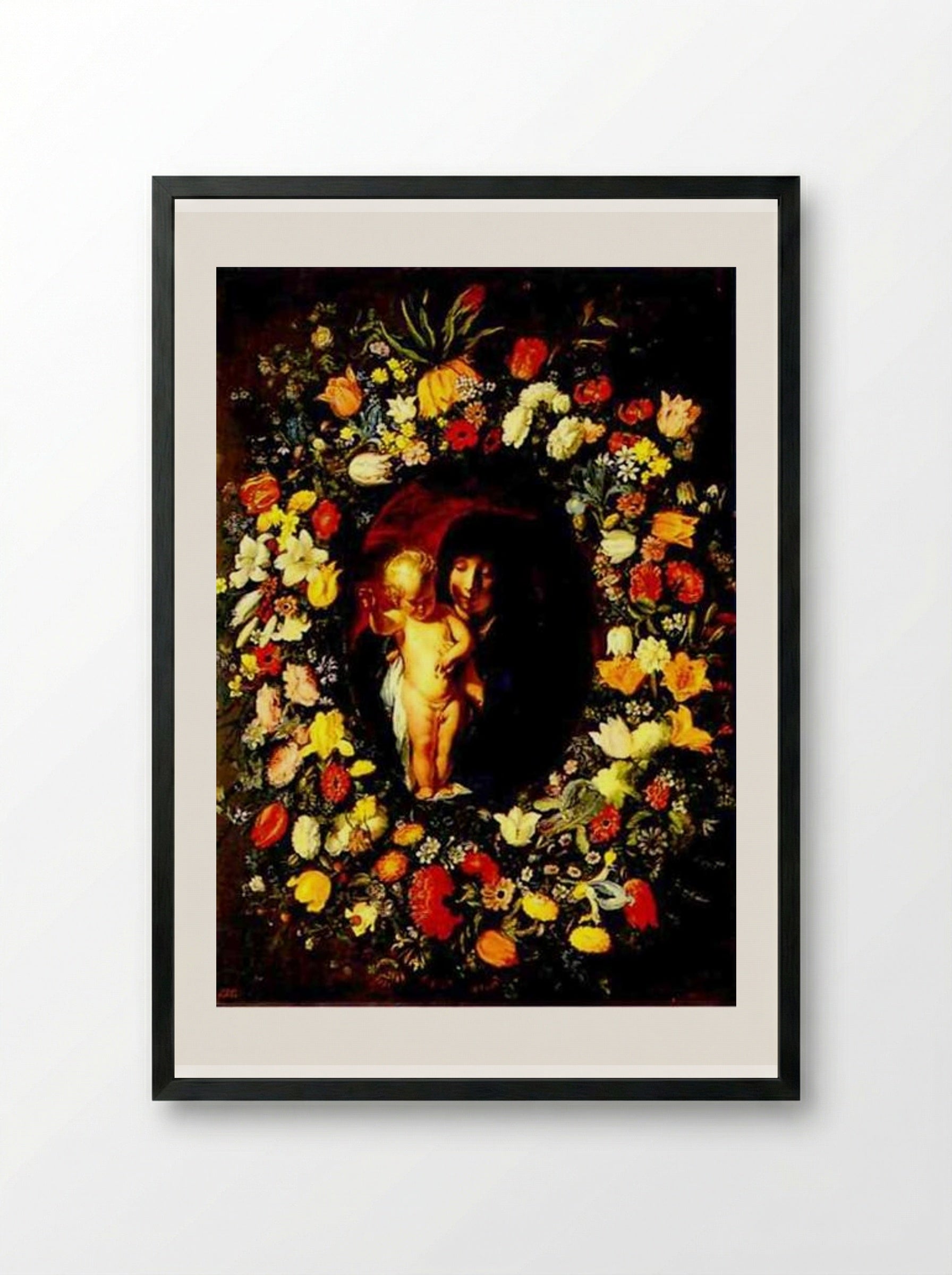 Madonna and Child wreathed with flowers - Jacob Jordaens - Framed Print Black
