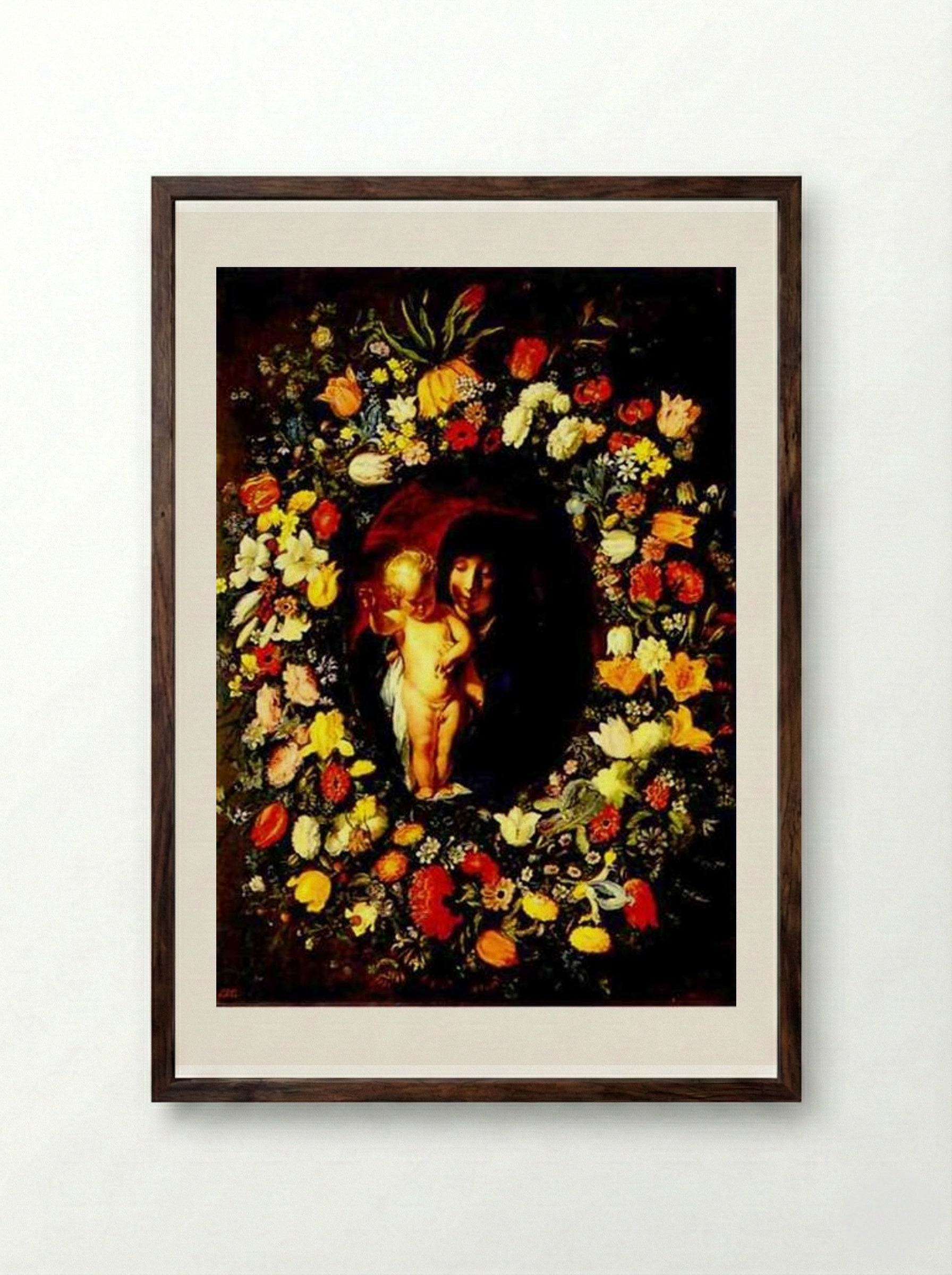 Madonna and Child wreathed with flowers - Jacob Jordaens - Framed Print Dark Wood