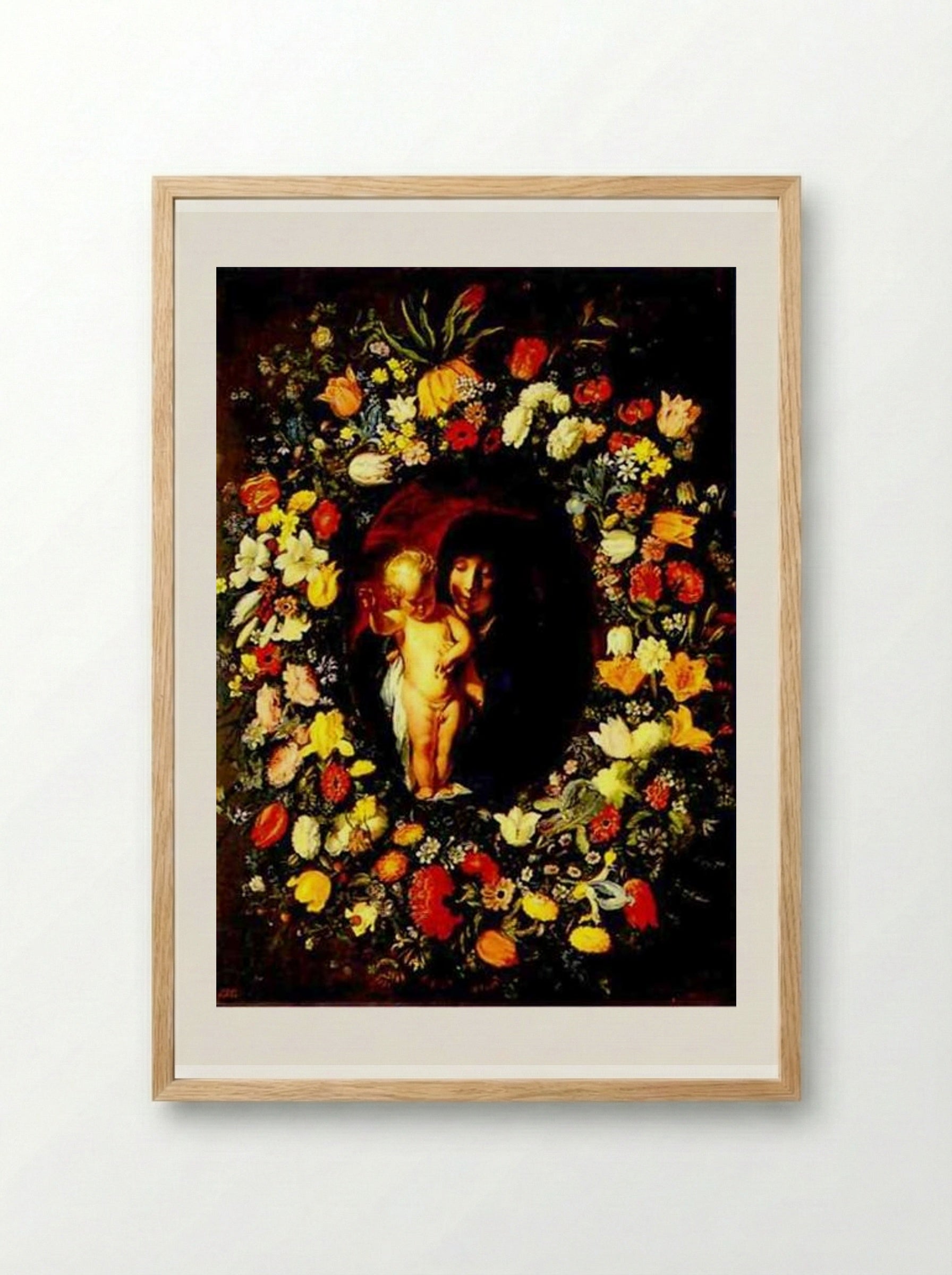 Madonna and Child wreathed with flowers - Jacob Jordaens - Framed Print Wood