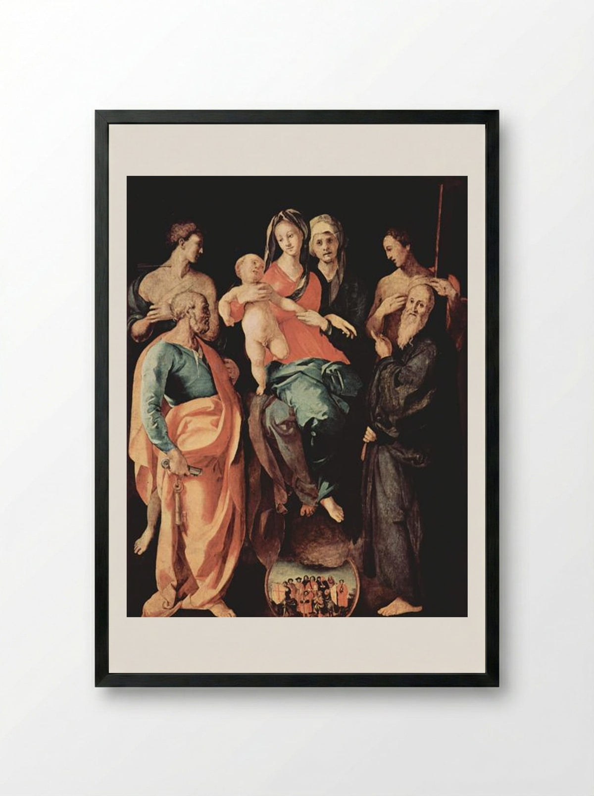 Madonna with St. Anne, St. Sebastian, St. Peter, St. Benedict and St. Filippus - Jacopo Pontormo - Framed Print Black