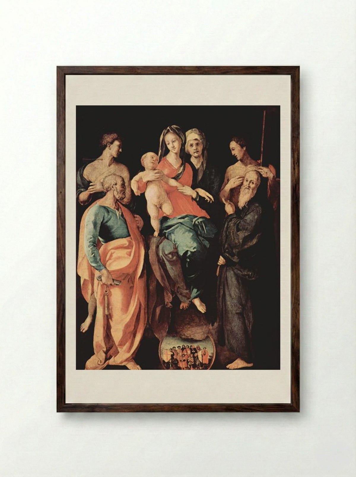Madonna with St. Anne, St. Sebastian, St. Peter, St. Benedict and St. Filippus - Jacopo Pontormo - Framed Print Dark Wood