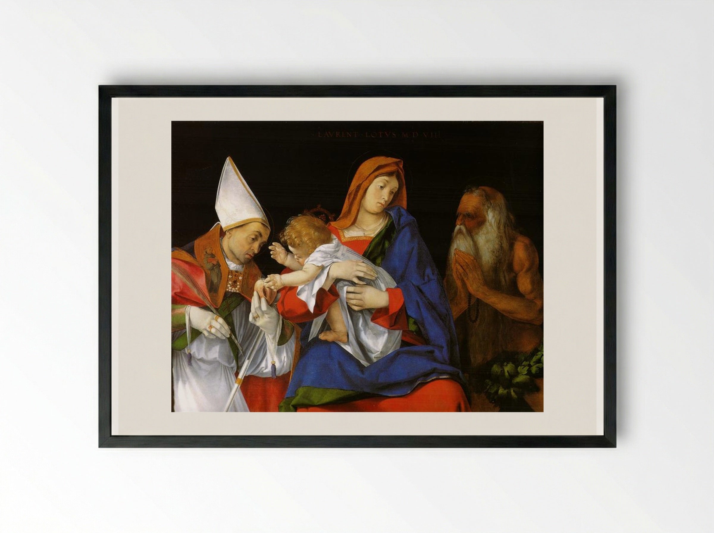 Madonna with a Bishop and St. Onuphrius - Lorenzo Lotto - Framed Print Black