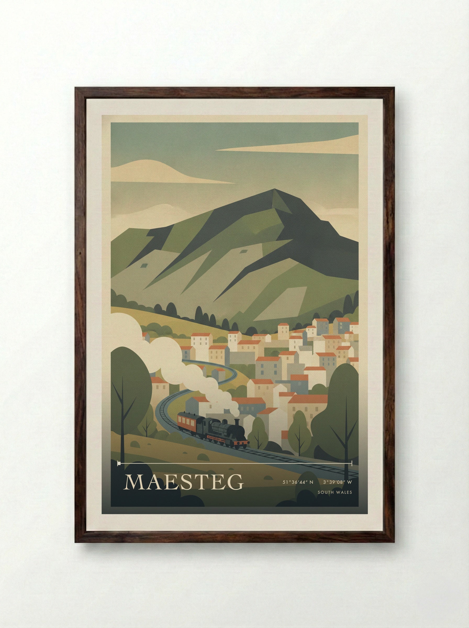 Maesteg South Wales Wales Travel Poster - Framed Print Dark Wood