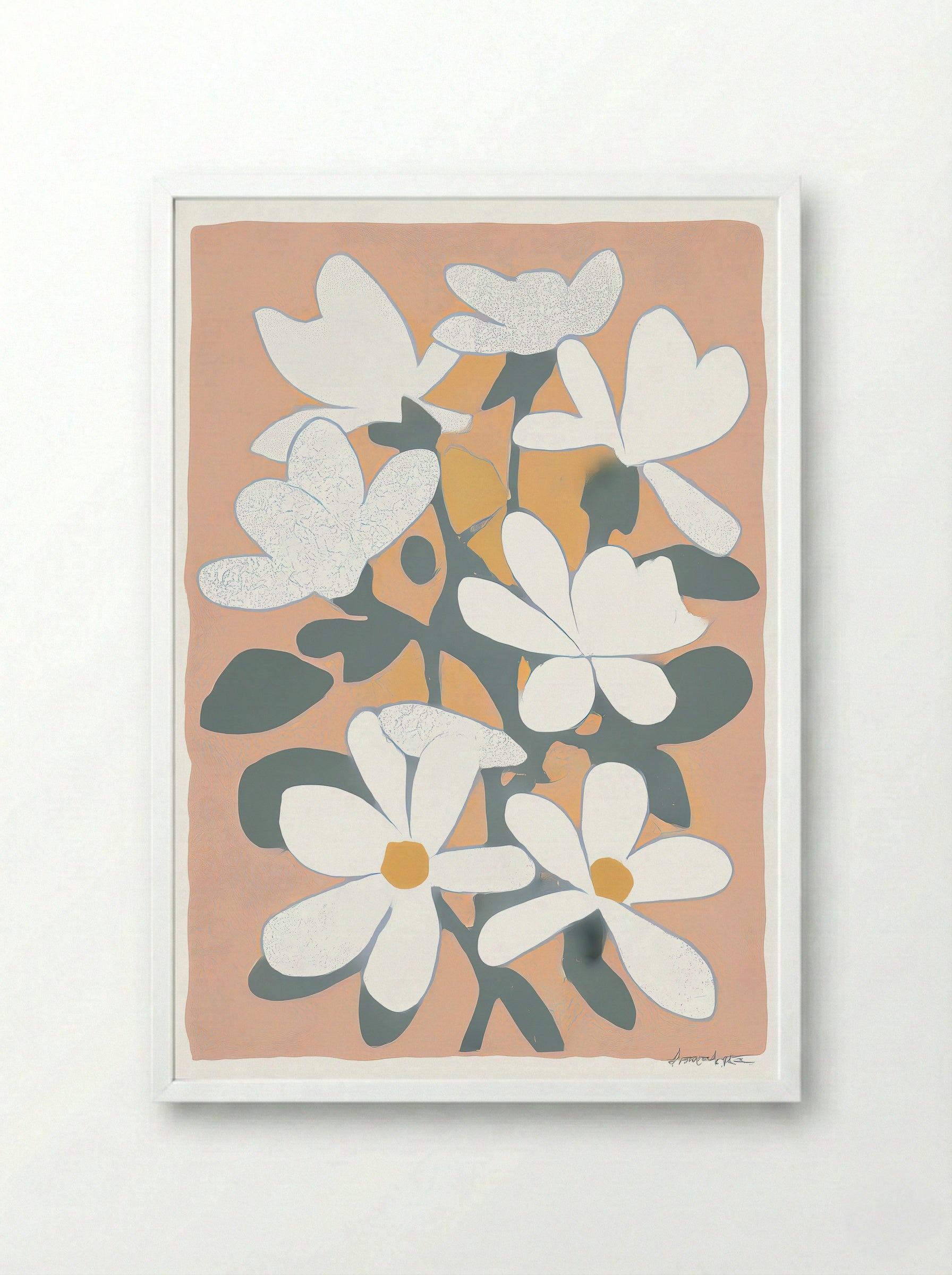Magnolia Field Soft Bloom Floral Art Print - Framed Print White