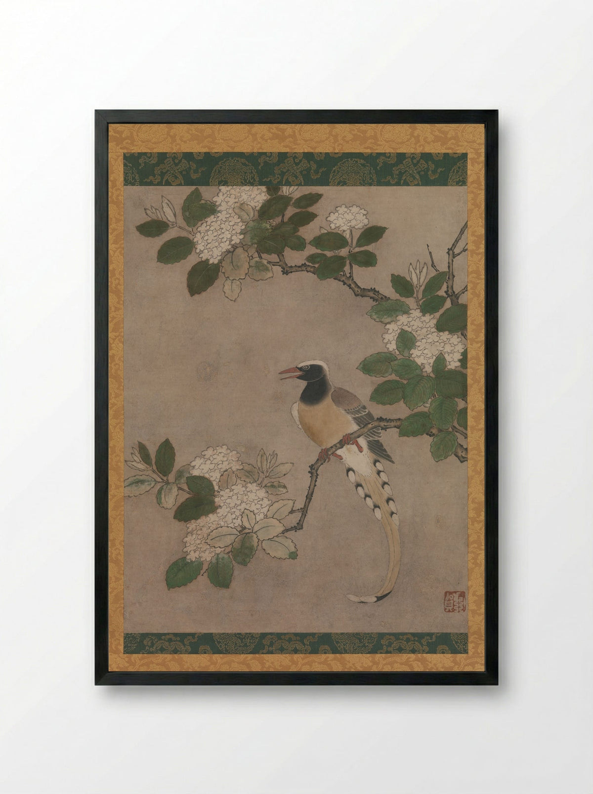 Magpie on Viburnum Branch - Kano Genga - Framed Print Black