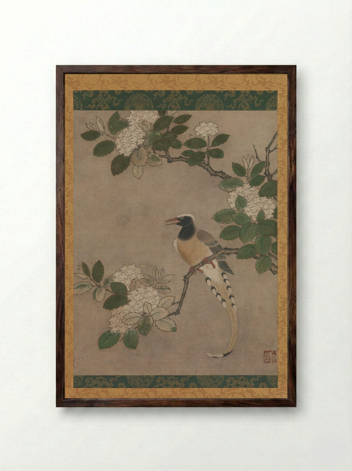 Magpie on Viburnum Branch - Kano Genga - Framed Print Dark Wood