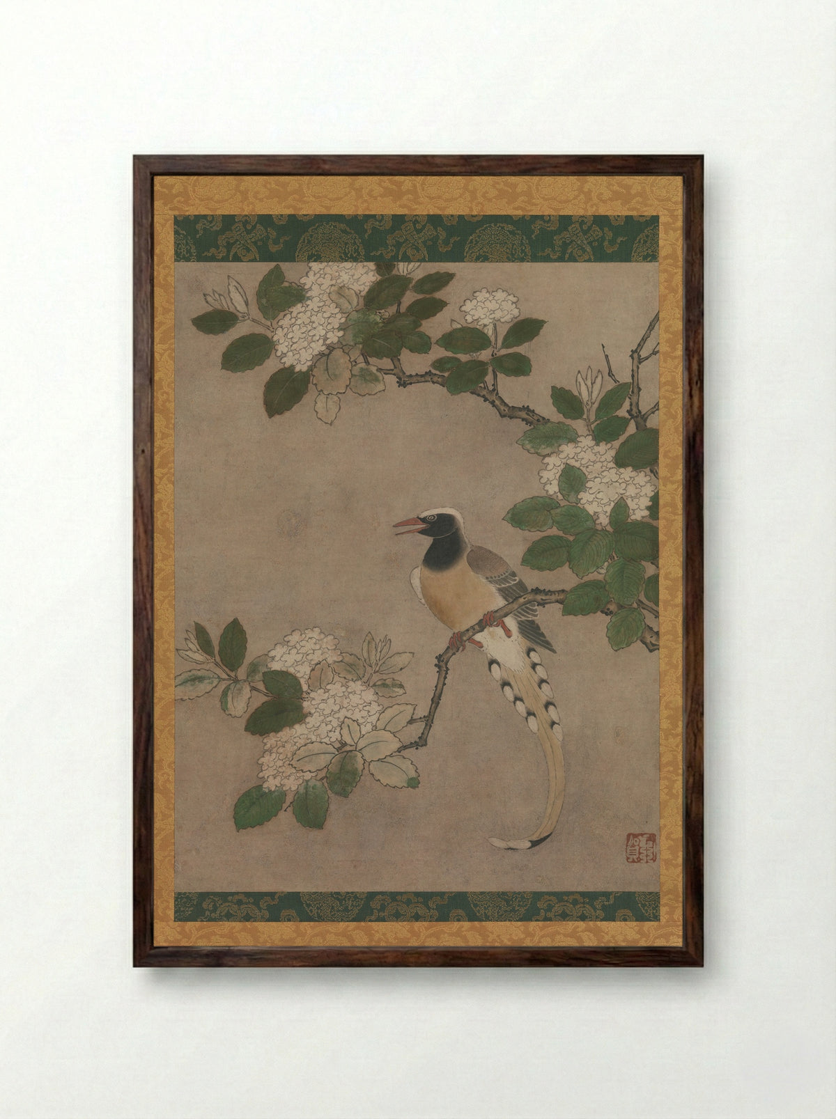 Magpie on Viburnum Branch - Kano Genga - Framed Print Dark Wood