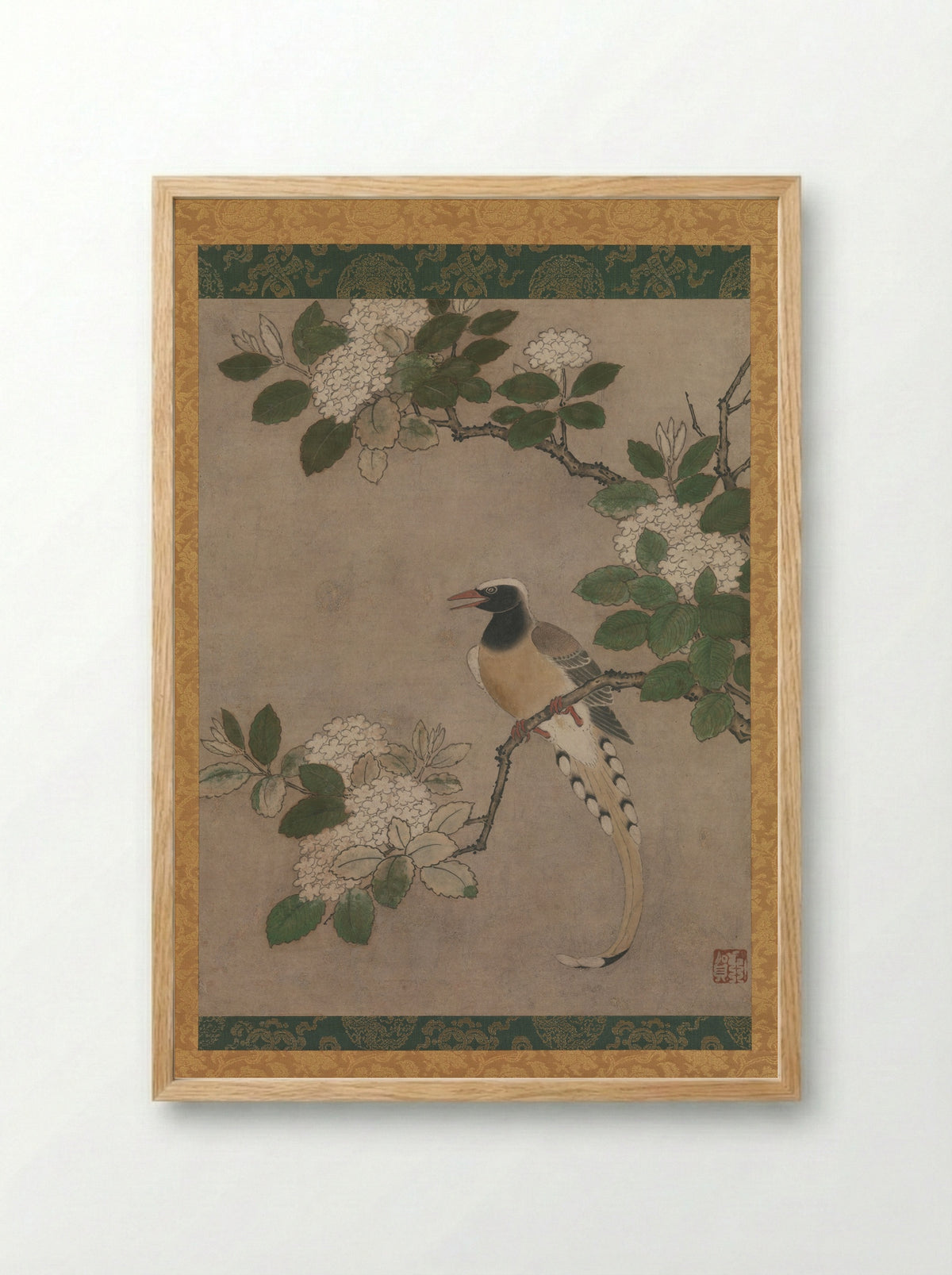 Magpie on Viburnum Branch - Kano Genga - Framed Print Wood