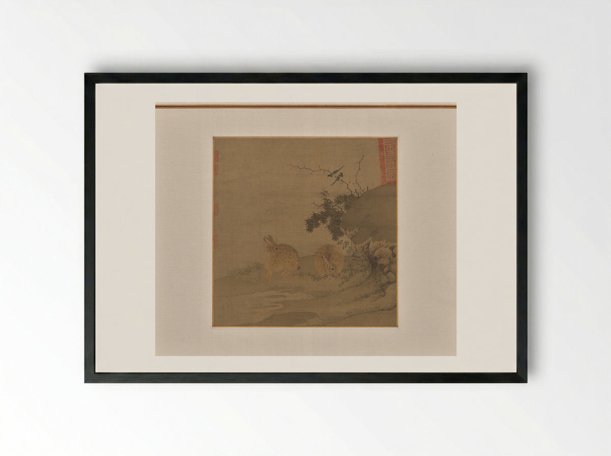 Magpies and Wild Rabbits - Li Yong - Framed Print Black