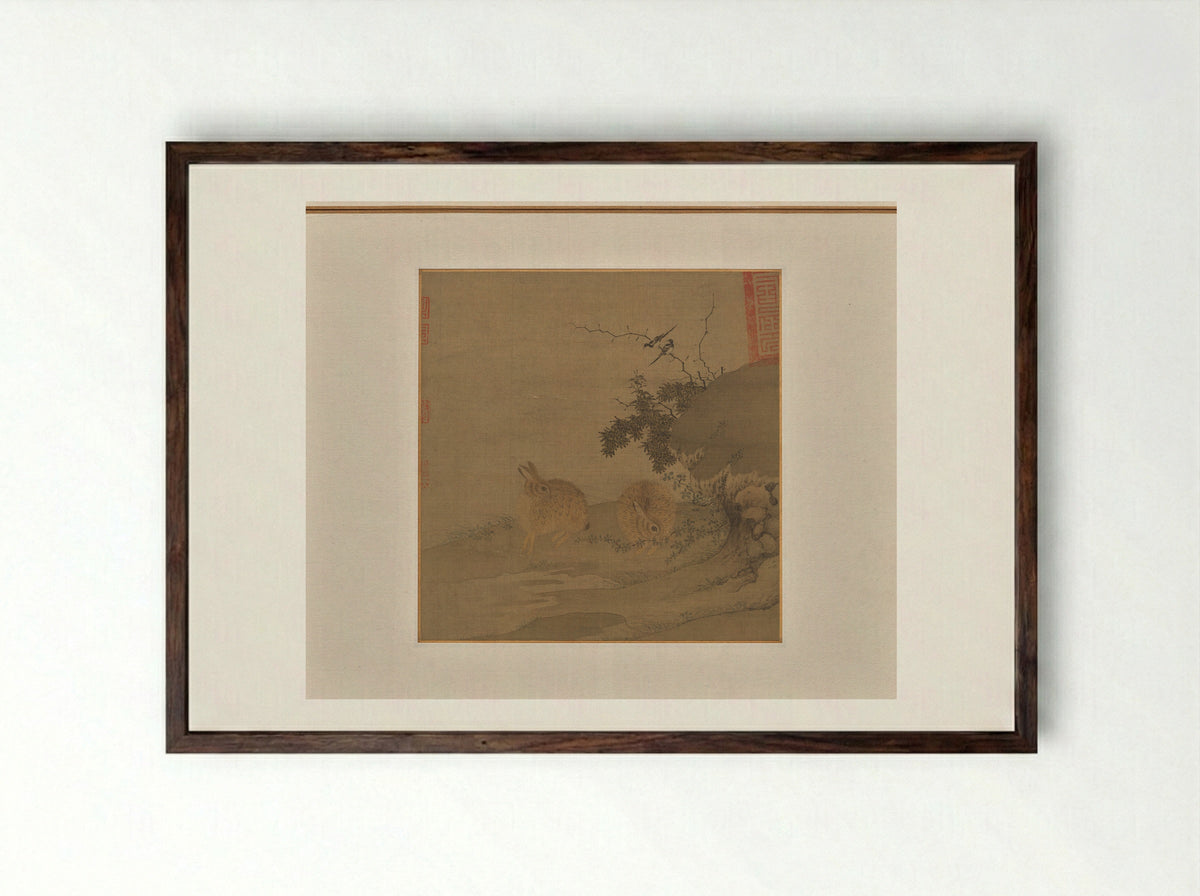 Magpies and Wild Rabbits - Li Yong - Framed Print Dark Wood