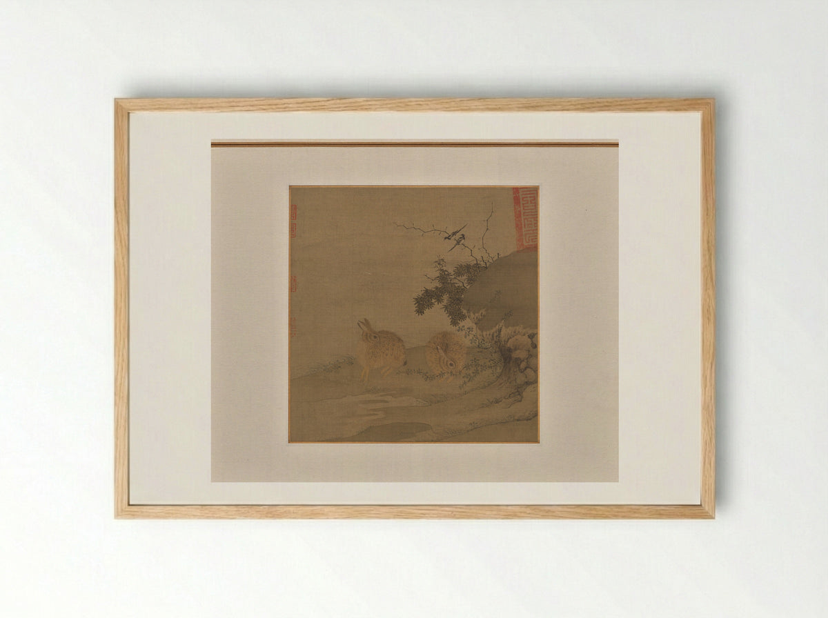 Magpies and Wild Rabbits - Li Yong - Framed Print Wood