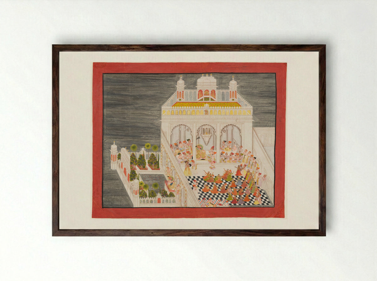 Maharana Ari Singh with His Courtiers Being Entertained at the Jagniwas Water Palace - Bhima - Framed Print Dark Wood