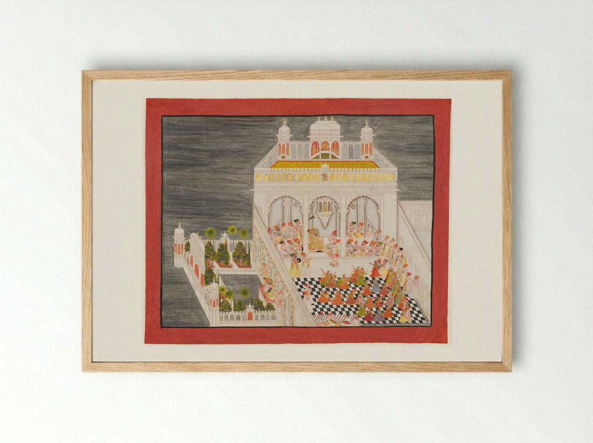 Maharana Ari Singh with His Courtiers Being Entertained at the Jagniwas Water Palace - Bhima - Framed Print Wood
