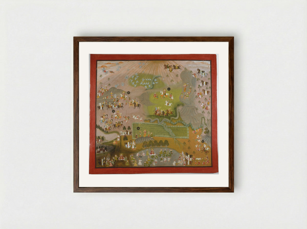 Maharana Jagat Singh Hawks for Cranes - Shiva and Dayal - Framed Print Dark Wood