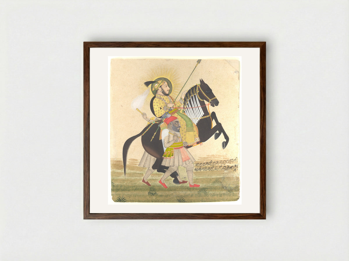 Maharana Sangram Singh Riding a Prize Stallion - Stipple Master - Framed Print Dark Wood