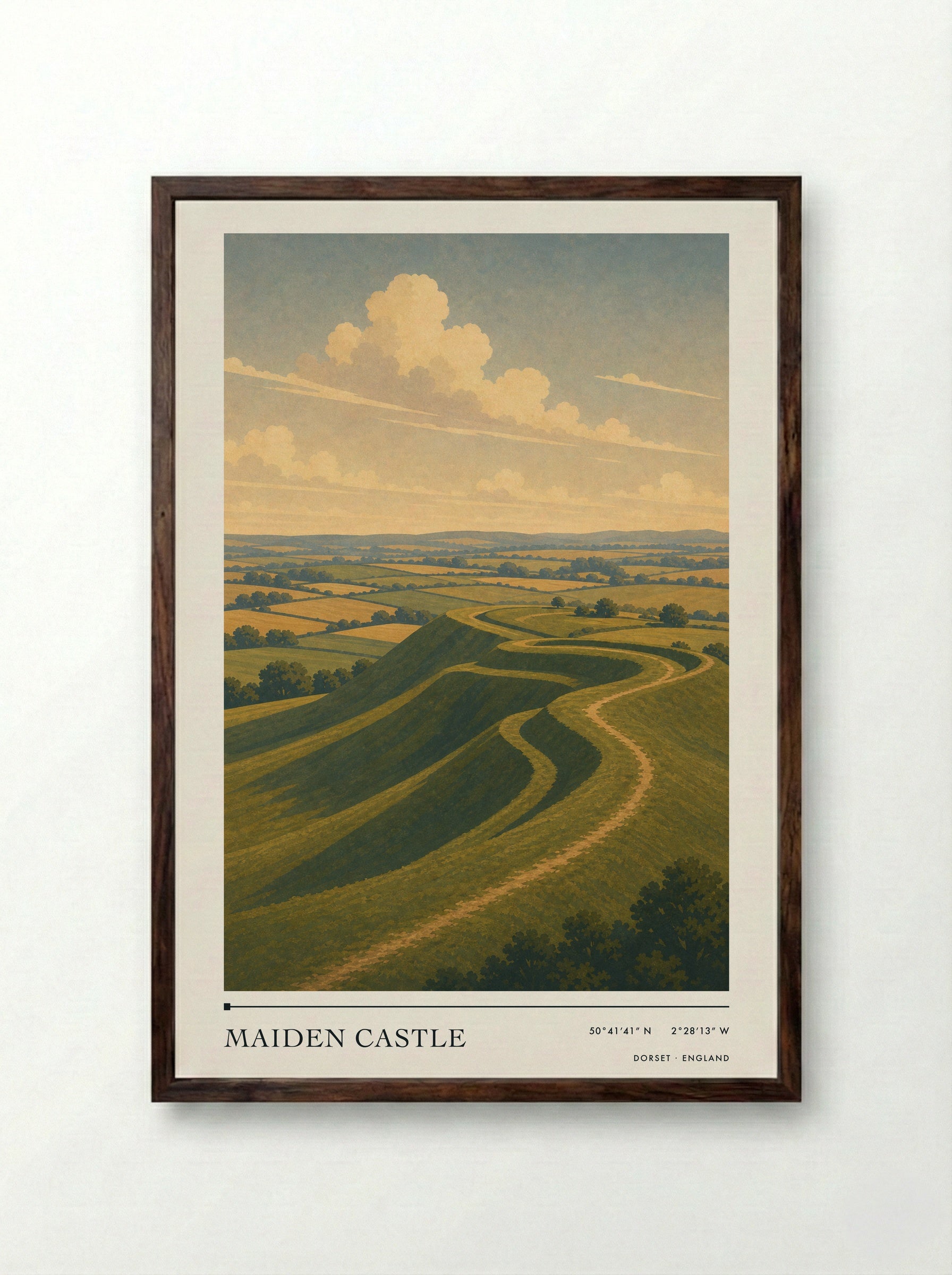 Maiden Castle Dorset England Travel Poster - Framed Print Dark Wood