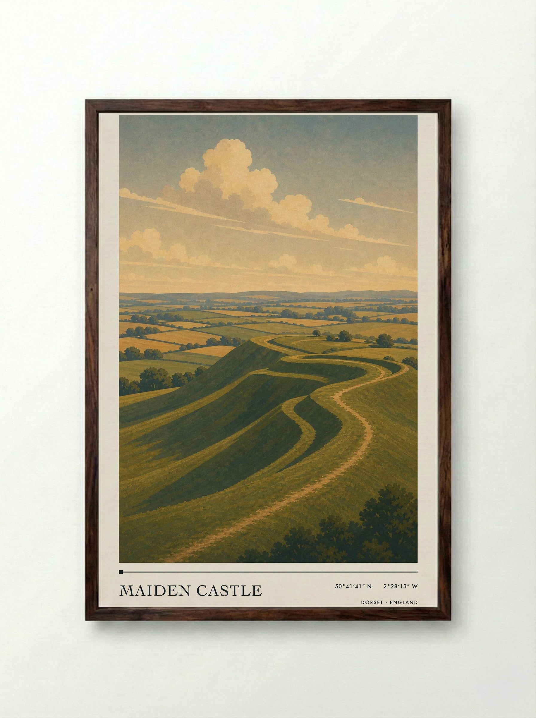 Maiden Castle Dorset England Travel Poster - Framed Print Dark Wood