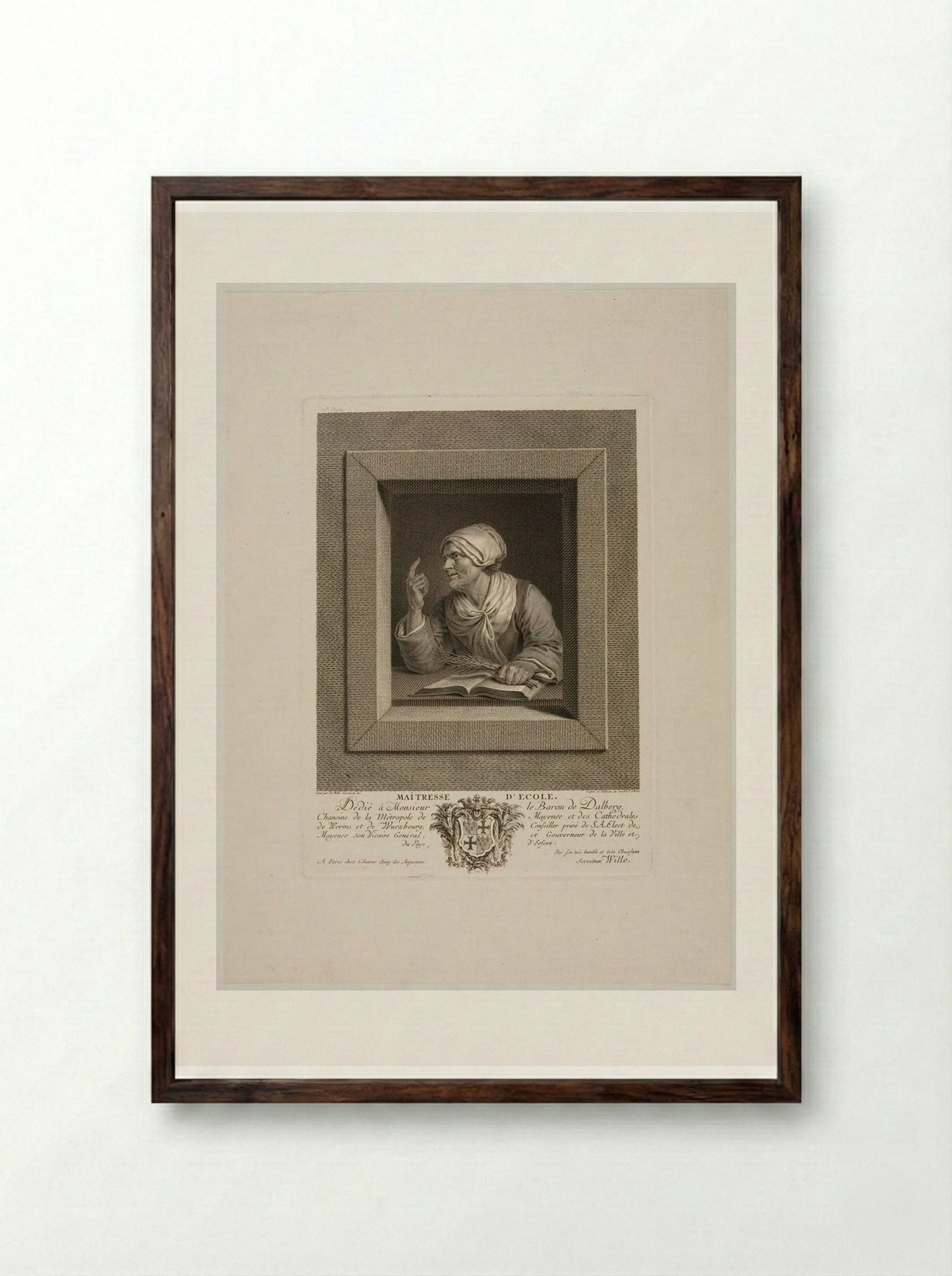 Maitresse d'Ecole (The Schoolmistress) - Johann Georg Wille - Framed Print Dark Wood