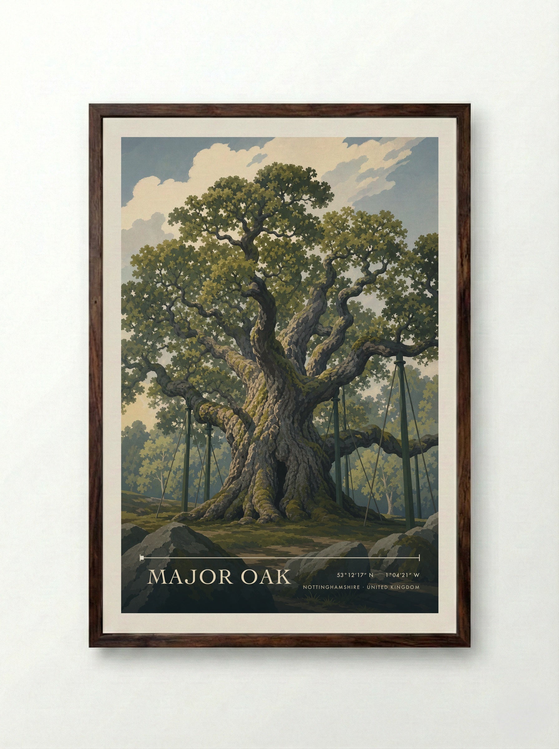 Major Oak Nottinghamshire United Kingdom Travel Poster - Framed Print Dark Wood