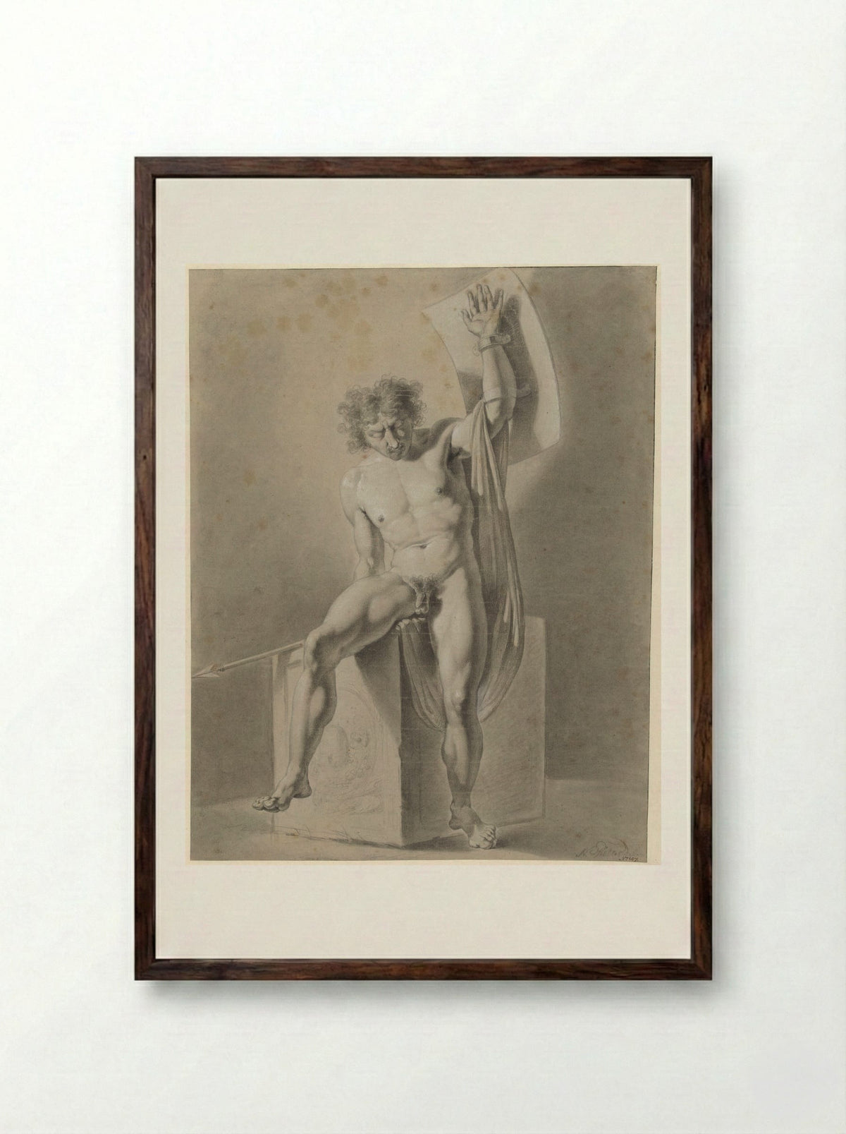 Male Nude Seated on a Block with Spear and Shield - George Nikolaus Ritter - Framed Print Dark Wood