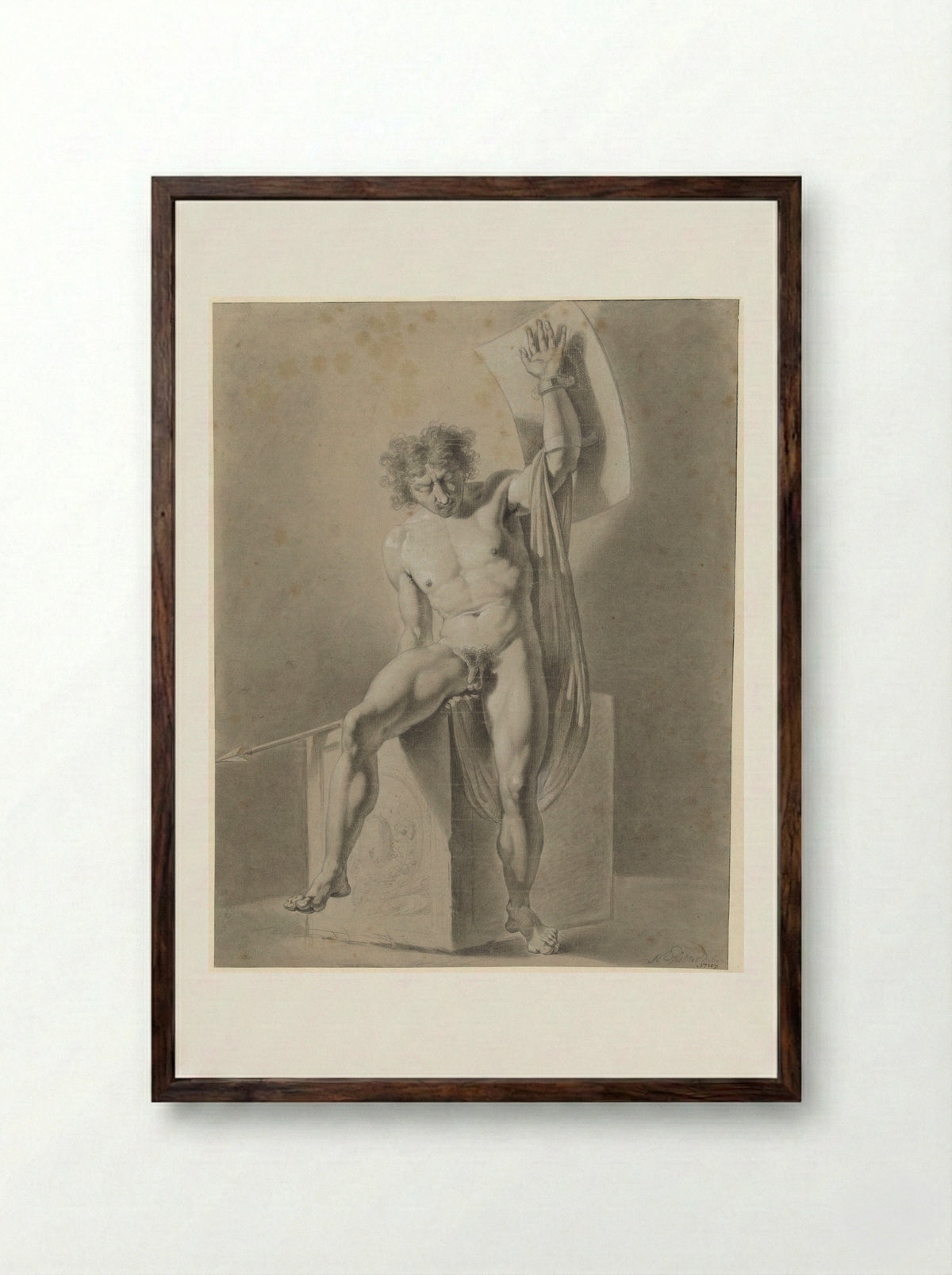 Male Nude Seated on a Block with Spear and Shield - George Nikolaus Ritter - Framed Print Dark Wood