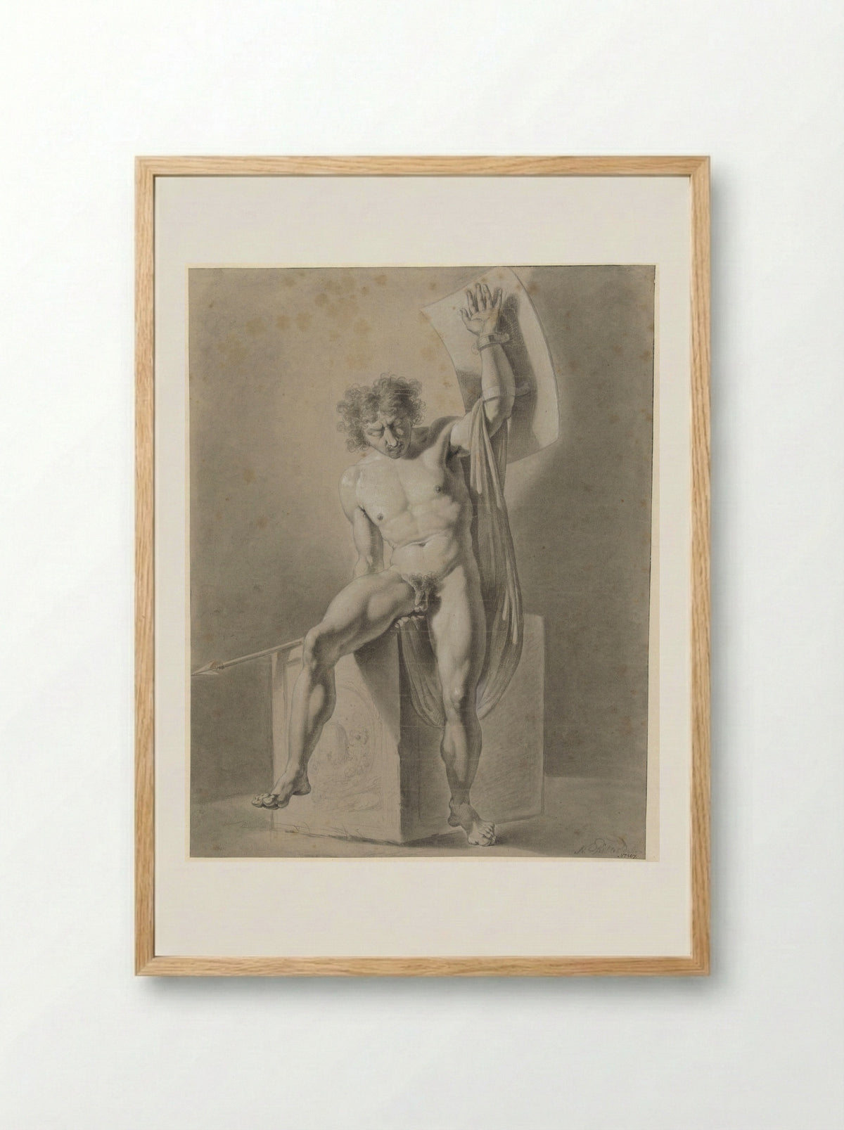 Male Nude Seated on a Block with Spear and Shield - George Nikolaus Ritter - Framed Print Wood