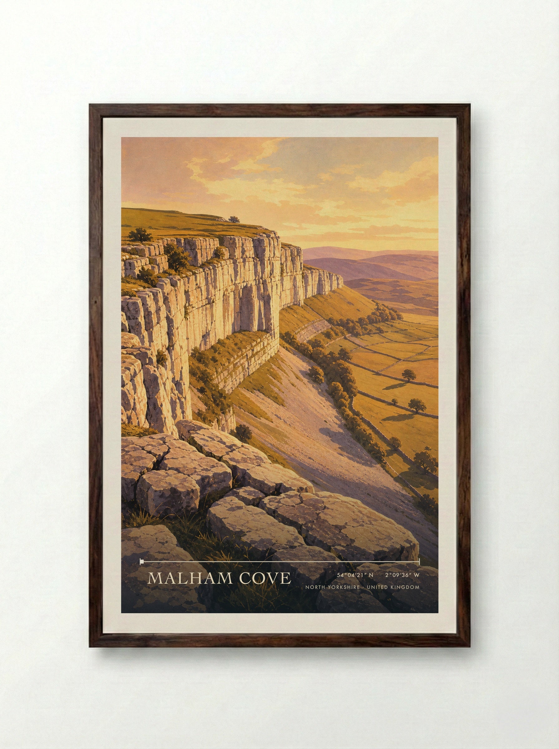 Malham Cove North Yorkshire United Kingdom Travel Poster - Framed Print Dark Wood