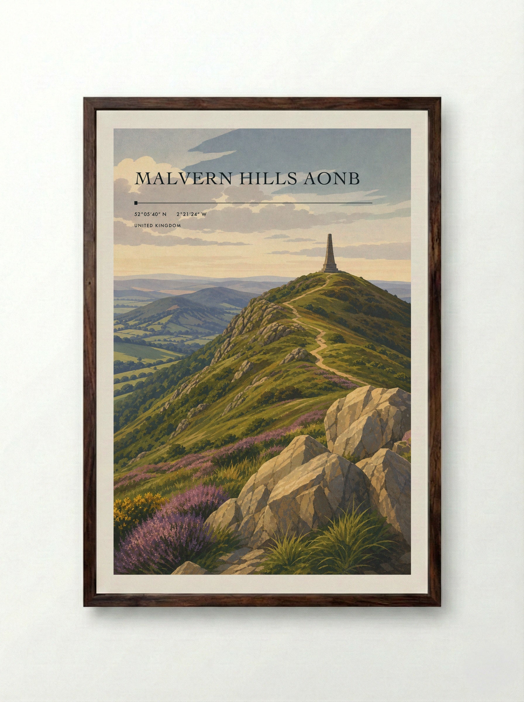 Malvern Hills AONB United Kingdom Travel Poster - Framed Print Dark Wood